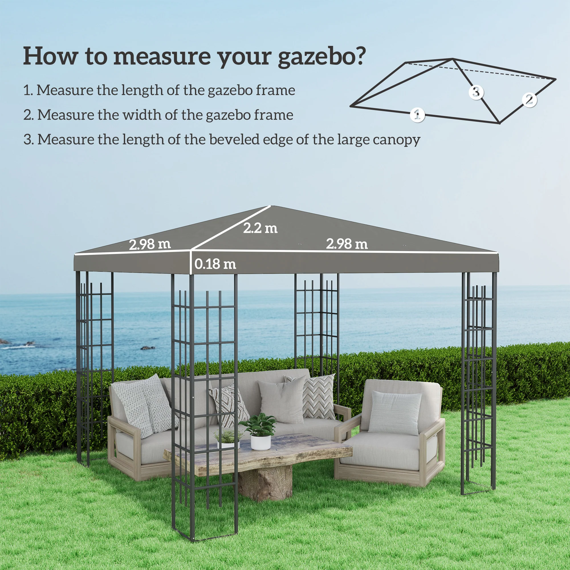 3 x 3m Waterproof Gazebo Canopy Replacement Cover with Drain Holes, 370g/㎡ Grey - Image 5