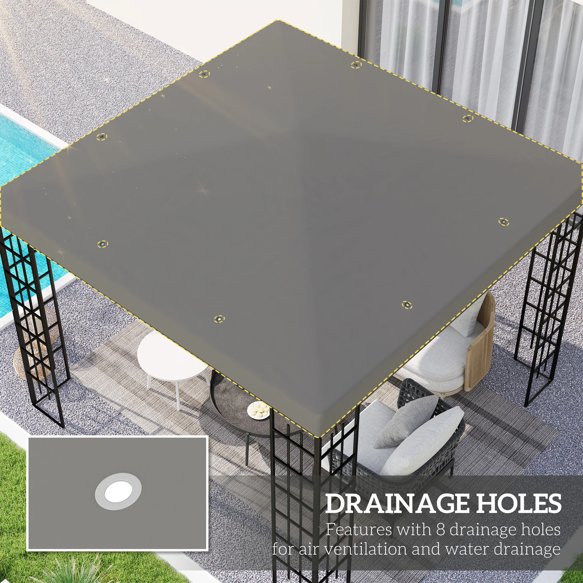 3 x 3m Waterproof Gazebo Canopy Replacement Cover with Drain Holes, 370g/㎡ Grey - Image 6