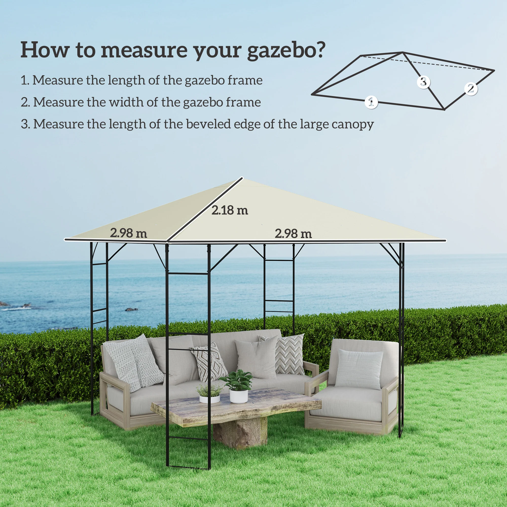 3 x 3m Waterproof Gazebo Canopy Replacement Cover with Drain Holes, 370g/㎡, Cream White - Image 5