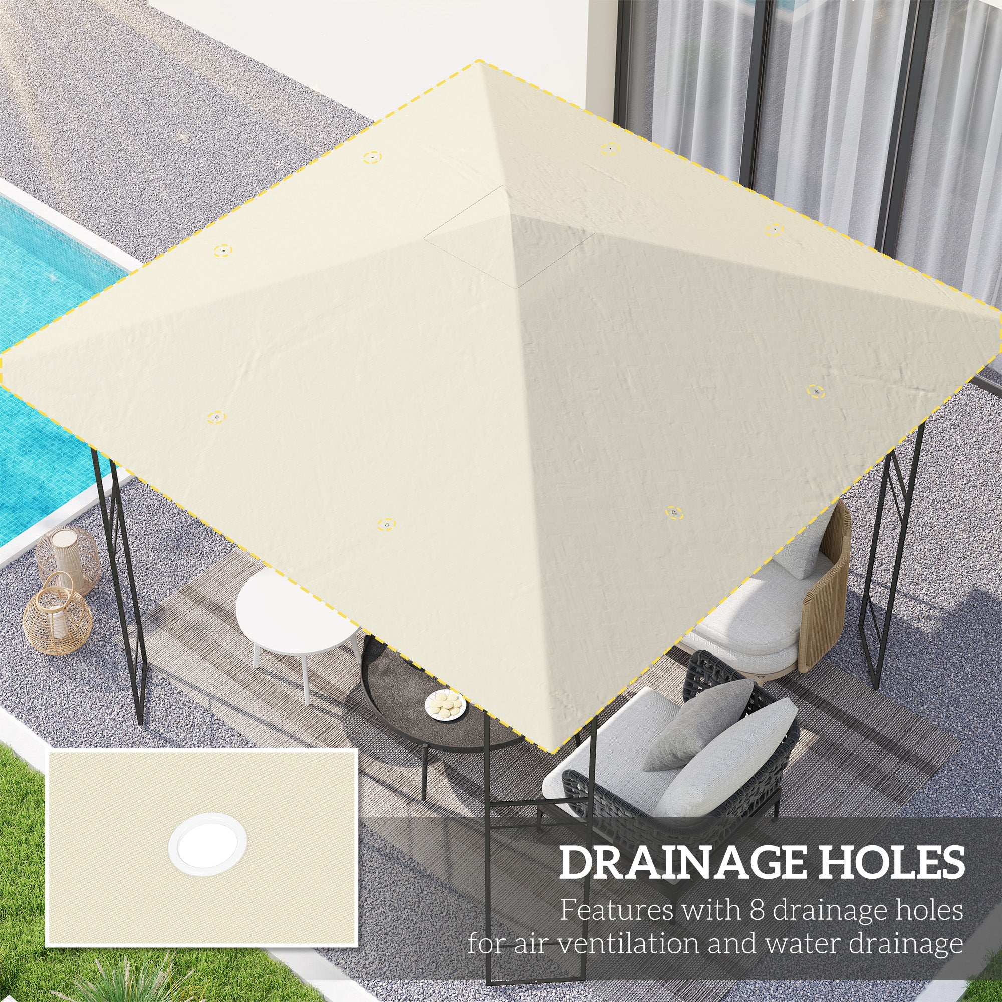 3 x 3m Waterproof Gazebo Canopy Replacement Cover with Drain Holes, 370g/㎡, Cream White - Image 6