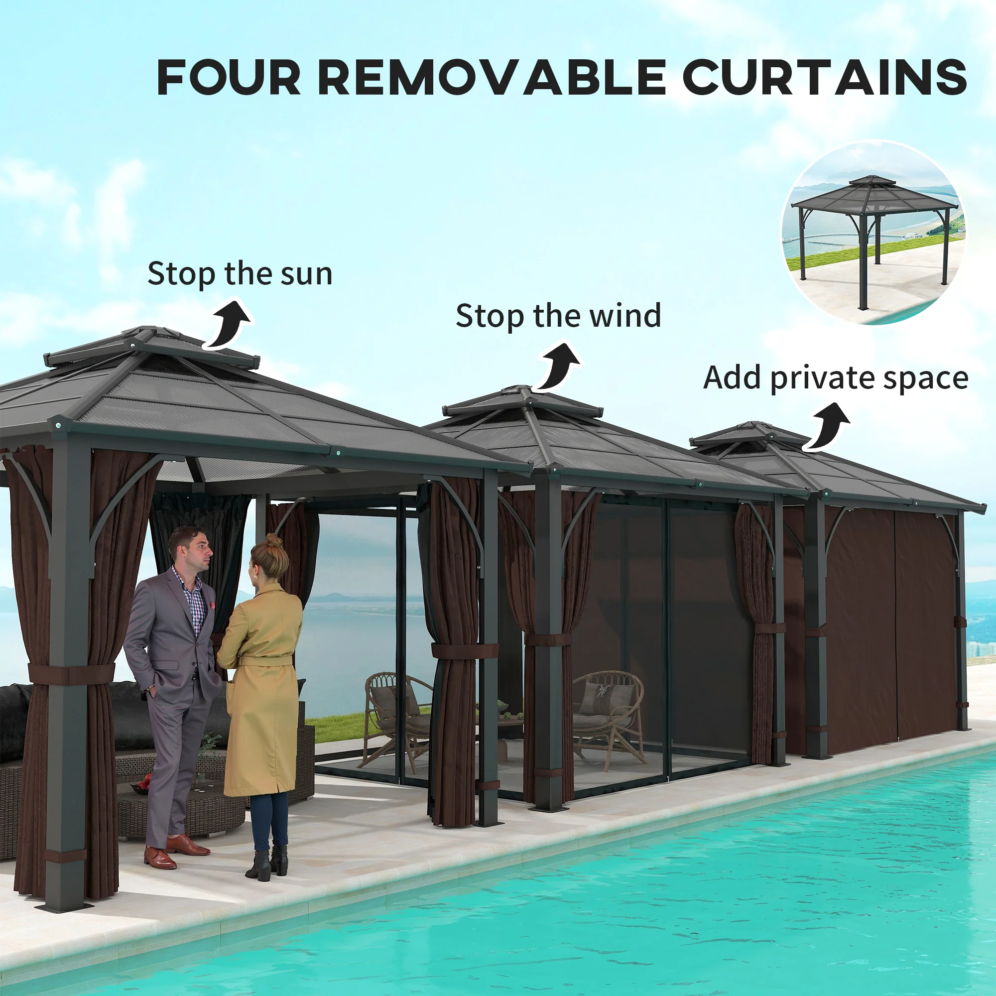3 x 3m Hardtop Gazebo with Double Polycarbonate Roof, Netting and Curtains, Brown - Image 10