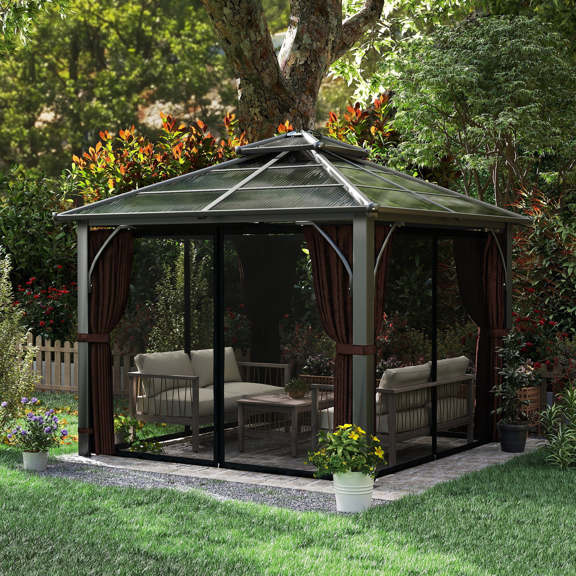 3 x 3m Hardtop Gazebo with Double Polycarbonate Roof, Netting and Curtains, Brown - Image 11