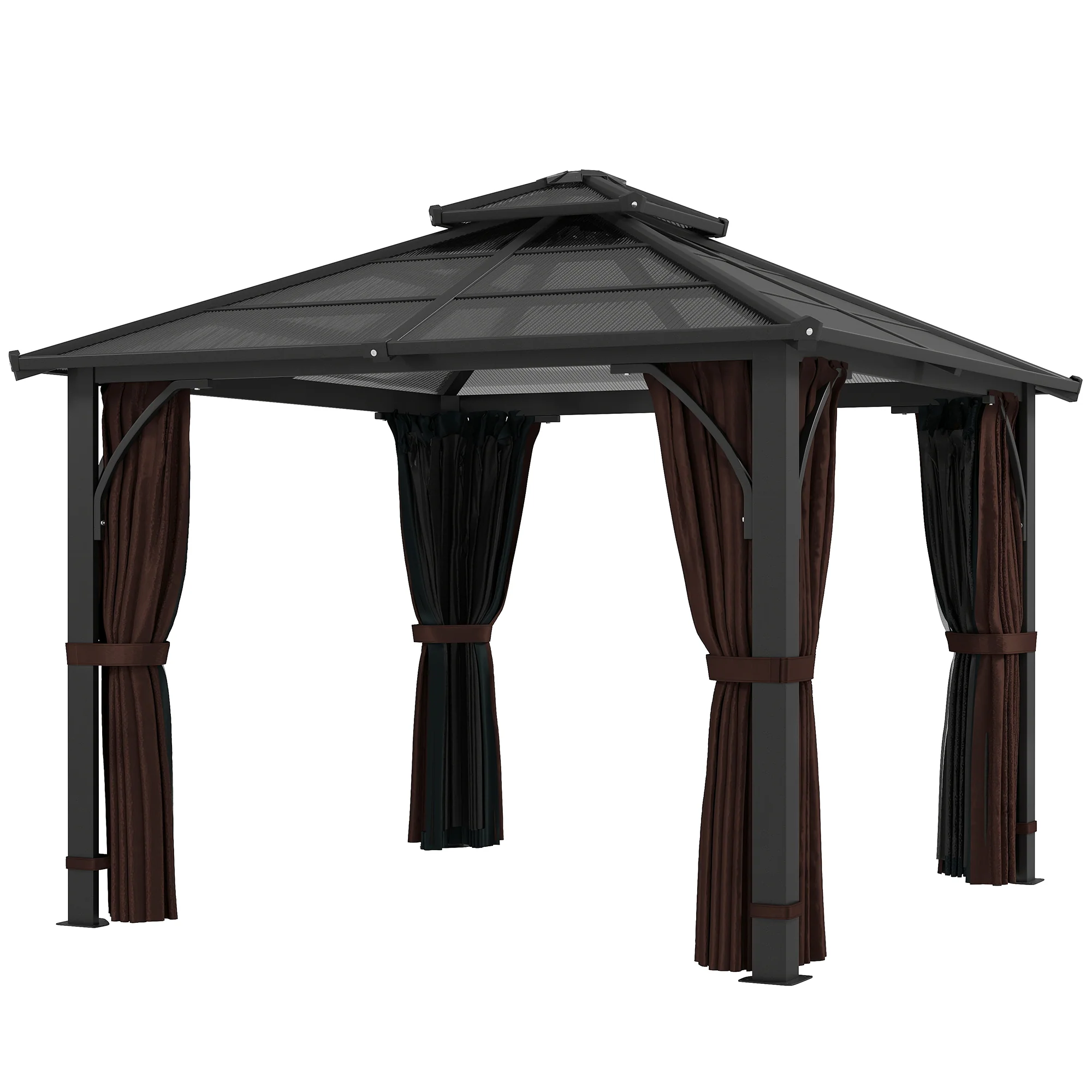 3 x 3m Hardtop Gazebo with Double Polycarbonate Roof, Netting and Curtains, Brown - Image 2