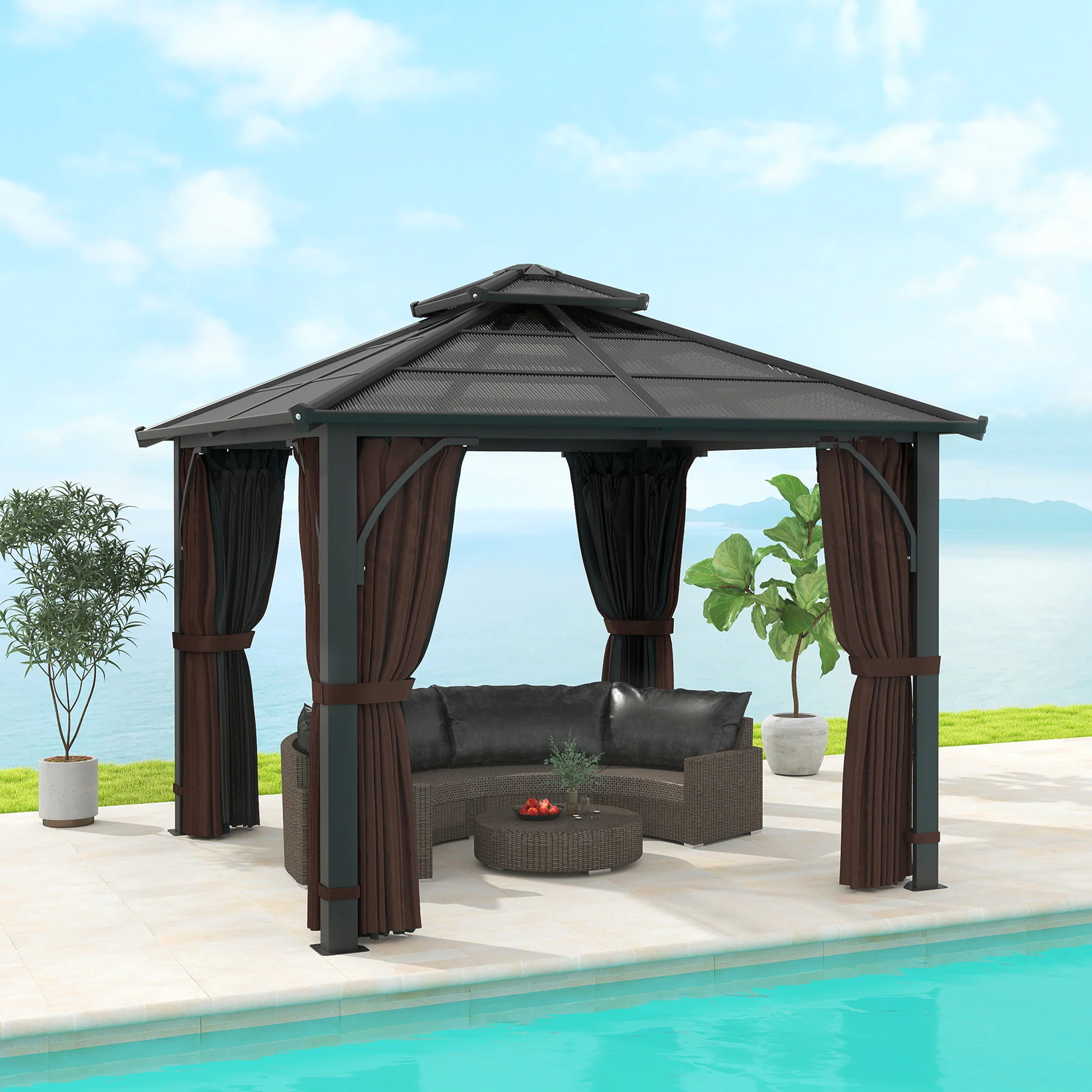 3 x 3m Hardtop Gazebo with Double Polycarbonate Roof, Netting and Curtains, Brown - Image 3