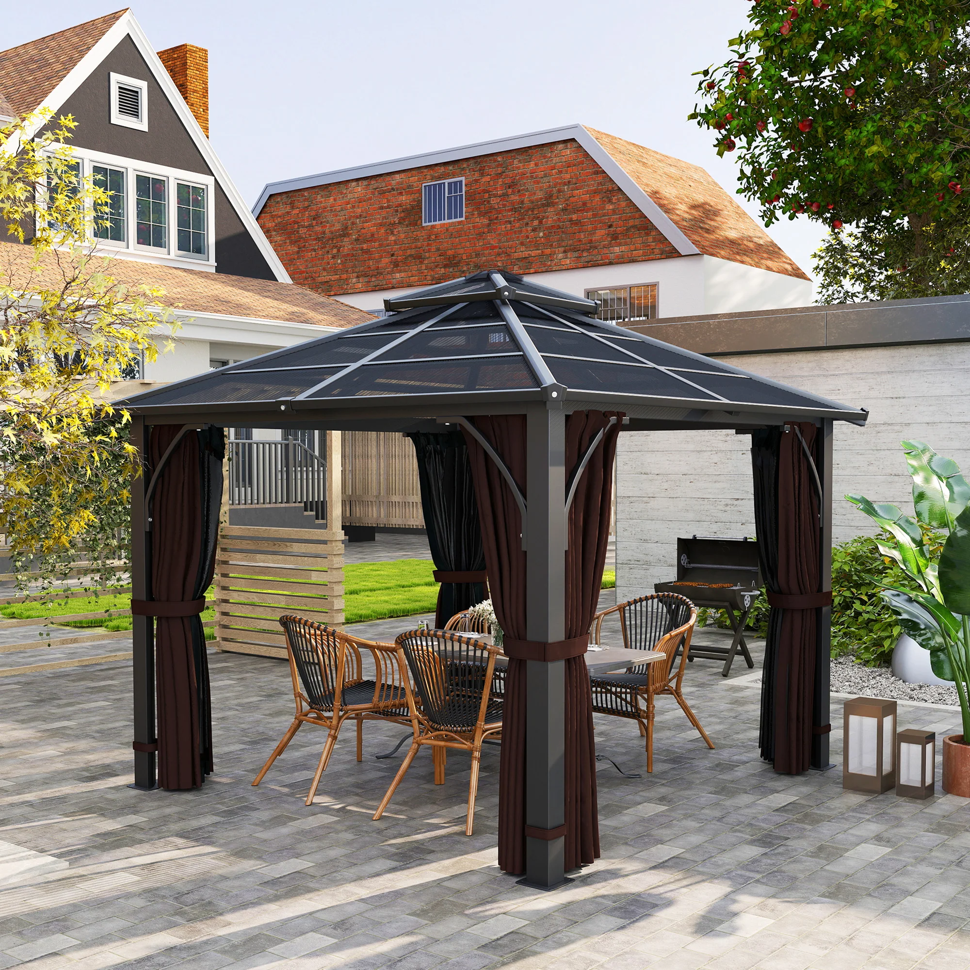 3 x 3m Hardtop Gazebo with Double Polycarbonate Roof, Netting and Curtains, Brown - Image 4