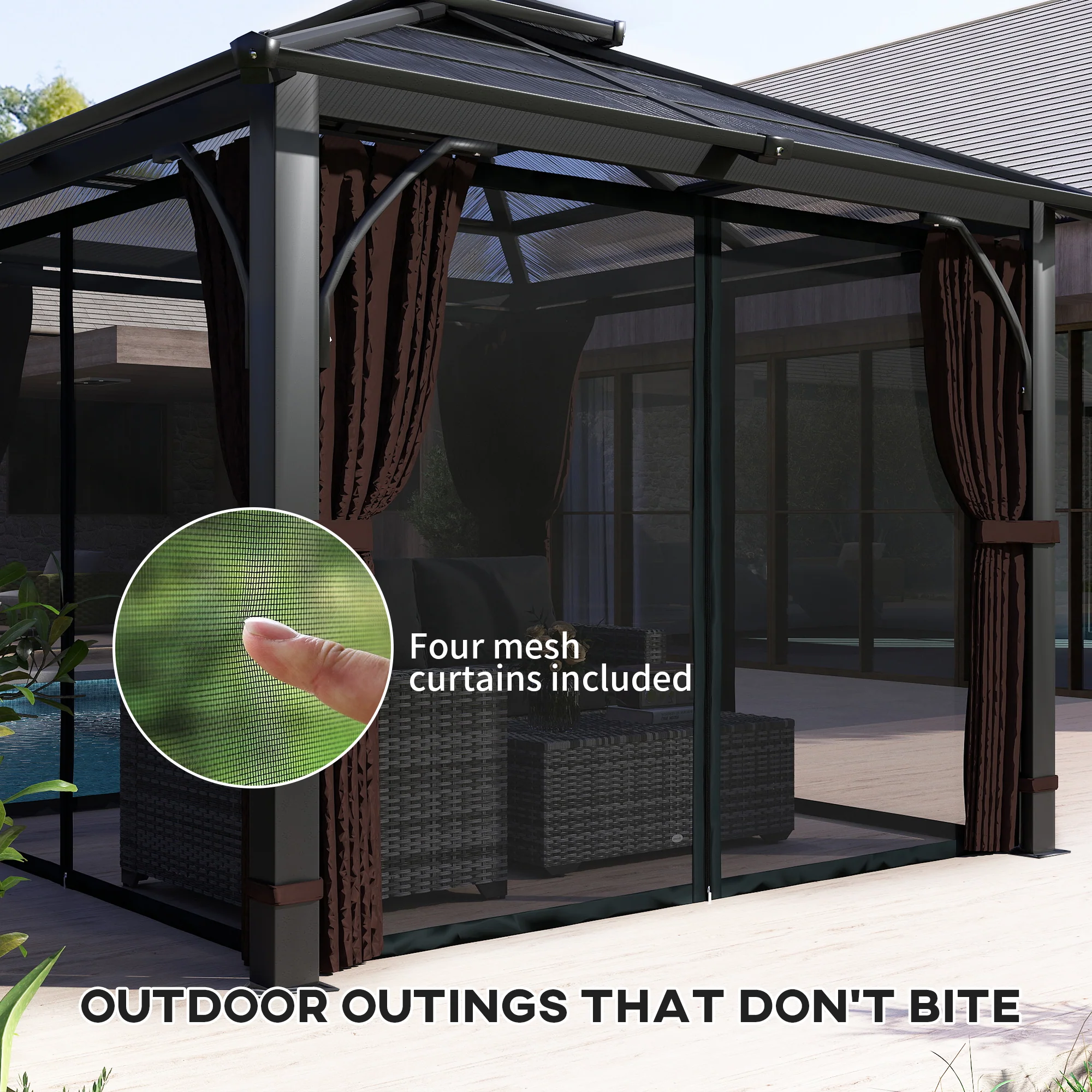 3 x 3m Hardtop Gazebo with Double Polycarbonate Roof, Netting and Curtains, Brown - Image 9