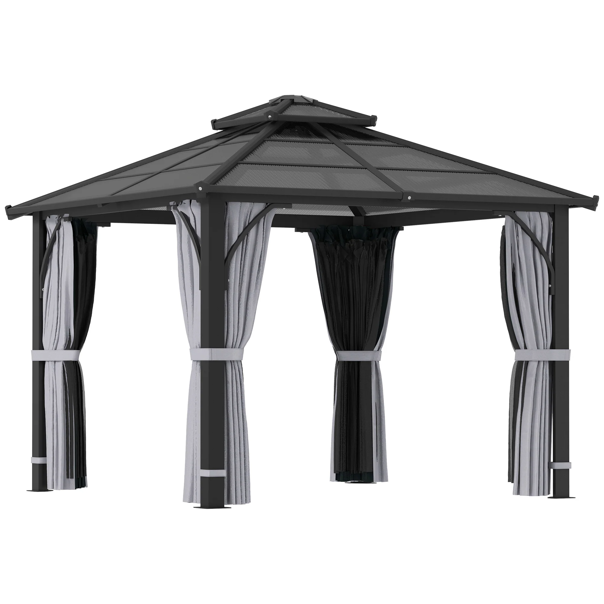 3 x 3m Hardtop Gazebo with Double Polycarbonate Roof, Netting and Curtains, Dark Grey