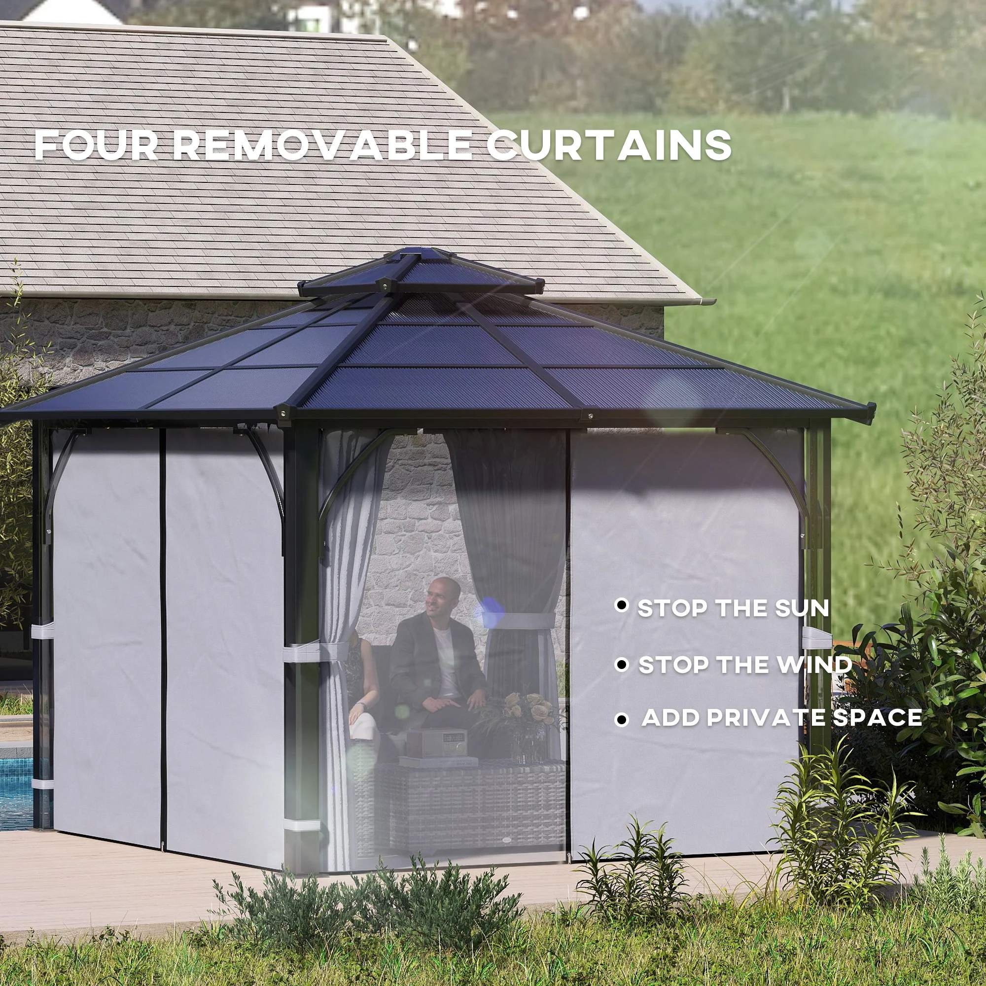 3 x 3m Hardtop Gazebo with Double Polycarbonate Roof, Netting and Curtains, Dark Grey - Image 10