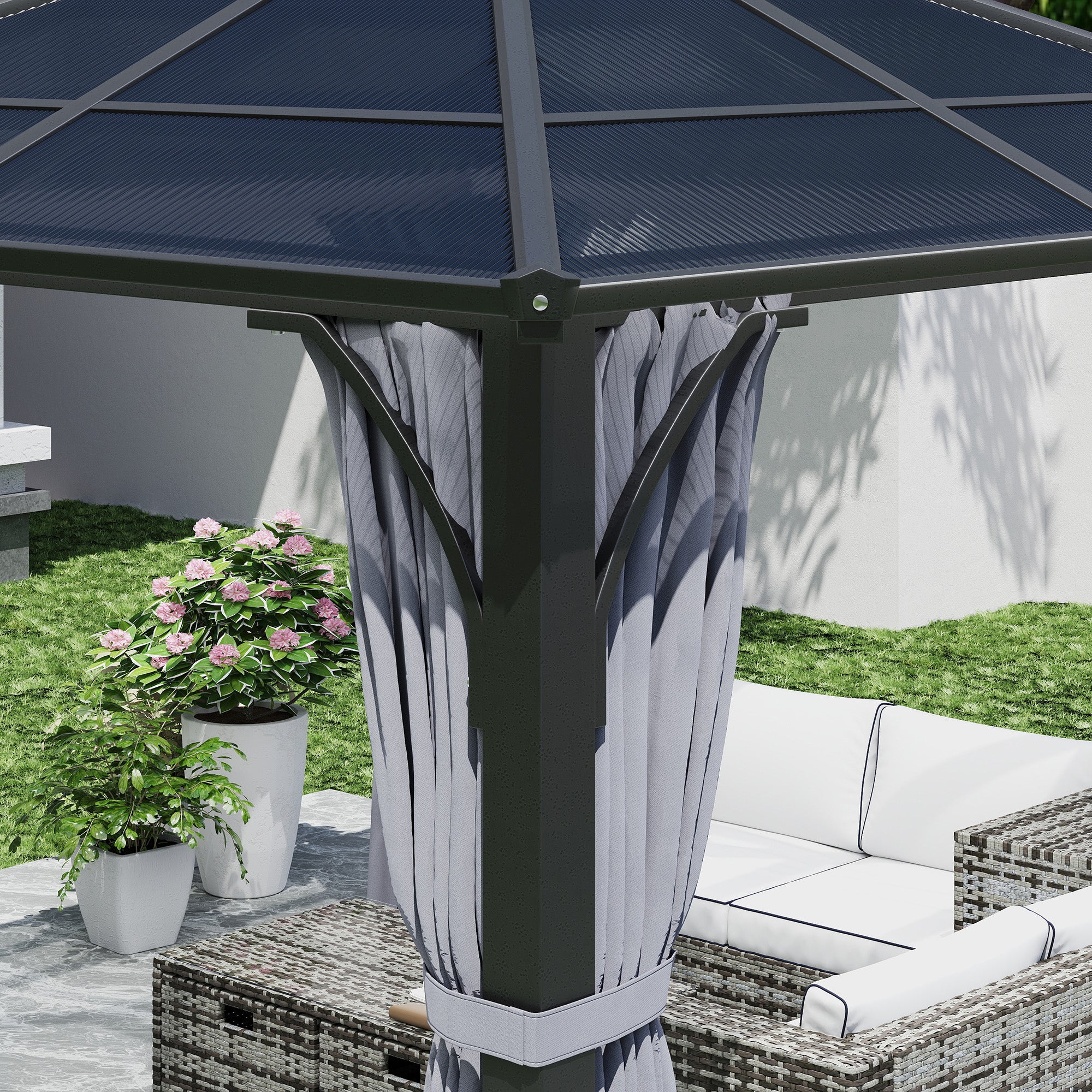 3 x 3m Hardtop Gazebo with Double Polycarbonate Roof, Netting and Curtains, Dark Grey - Image 11