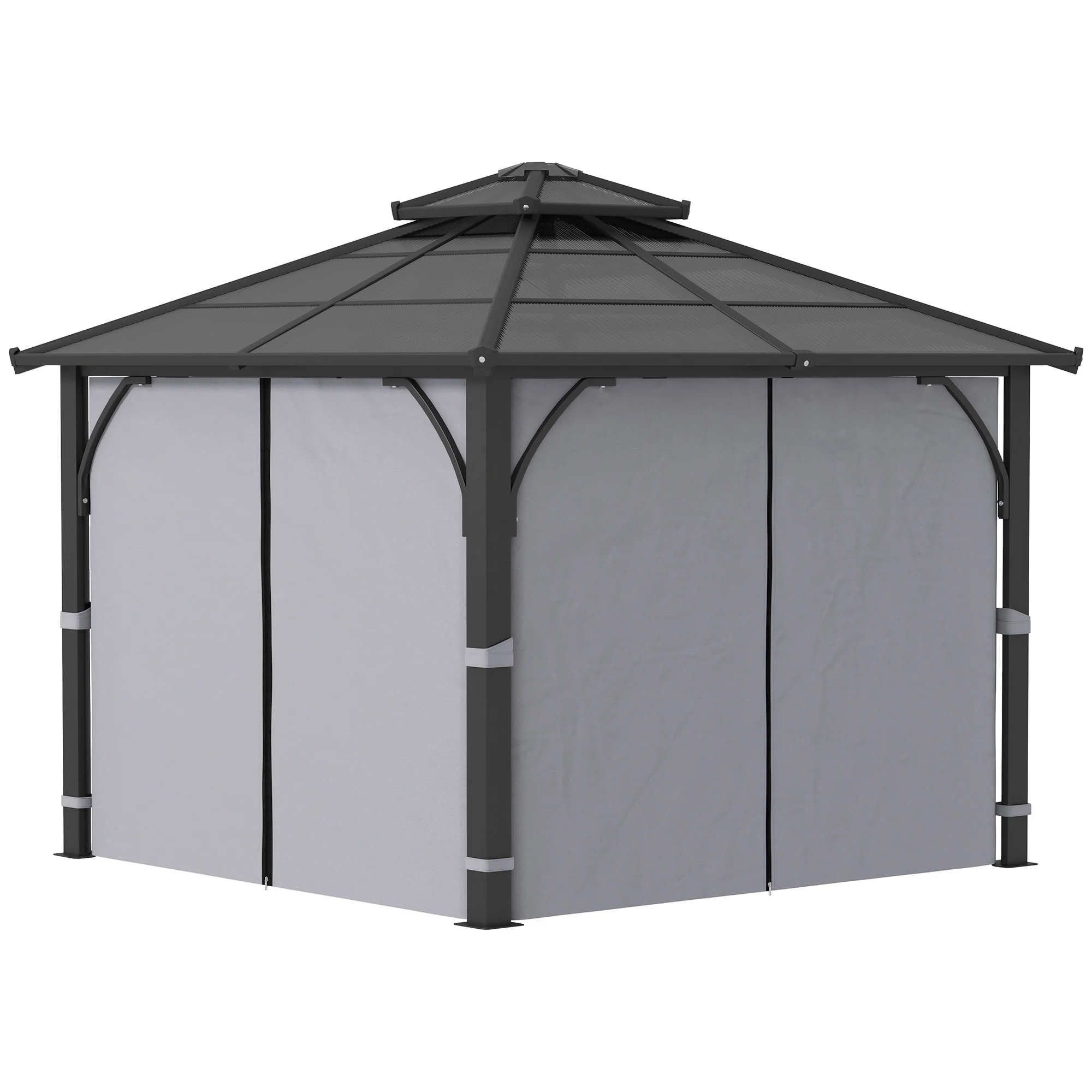 3 x 3m Hardtop Gazebo with Double Polycarbonate Roof, Netting and Curtains, Dark Grey - Image 2