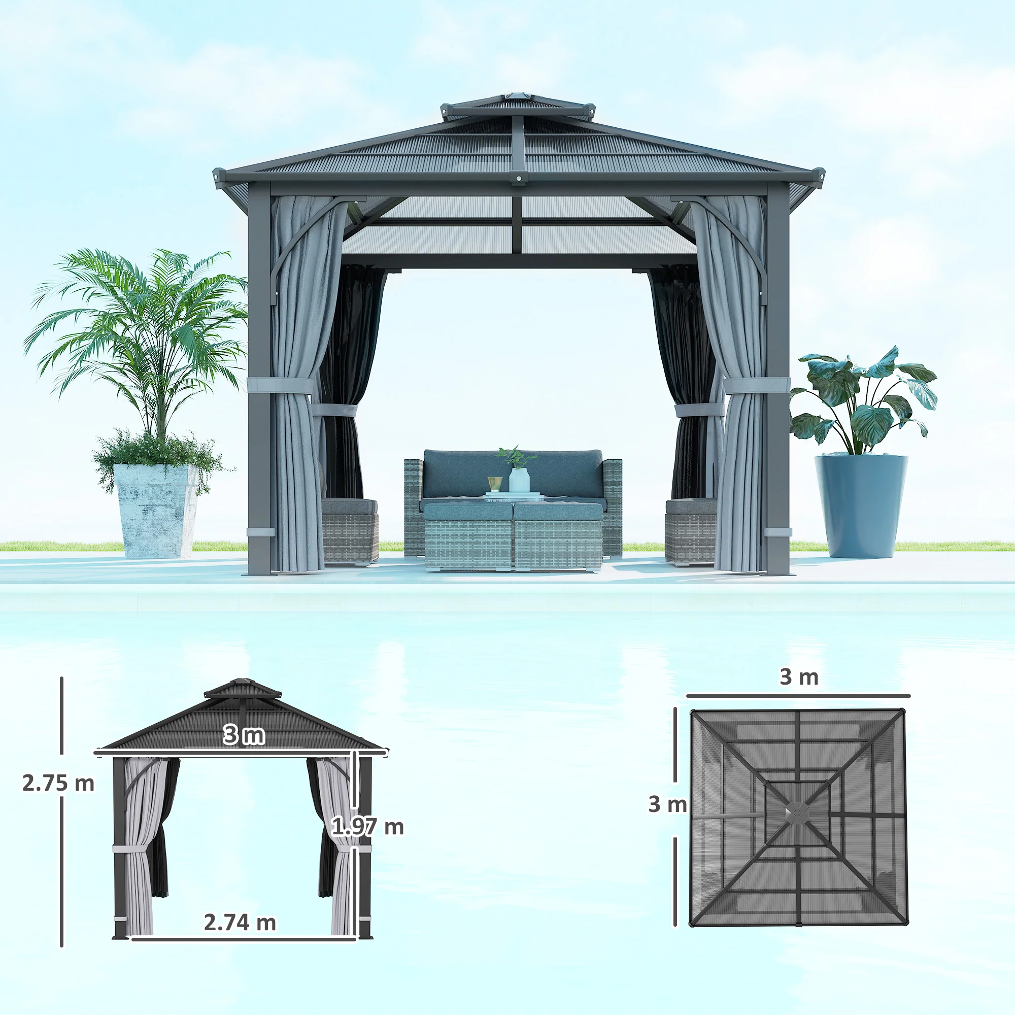 3 x 3m Hardtop Gazebo with Double Polycarbonate Roof, Netting and Curtains, Dark Grey - Image 5