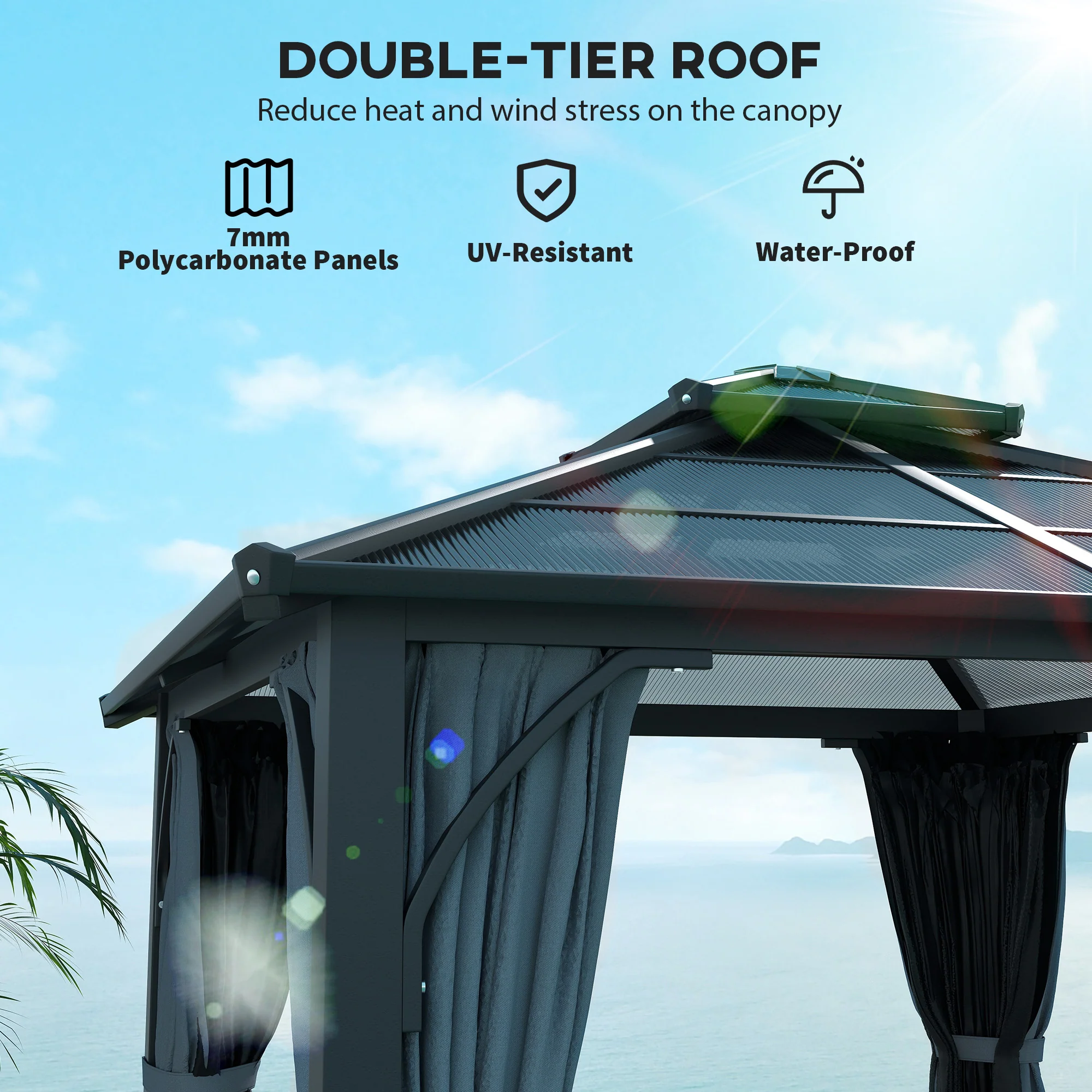 3 x 3m Hardtop Gazebo with Double Polycarbonate Roof, Netting and Curtains, Dark Grey - Image 6