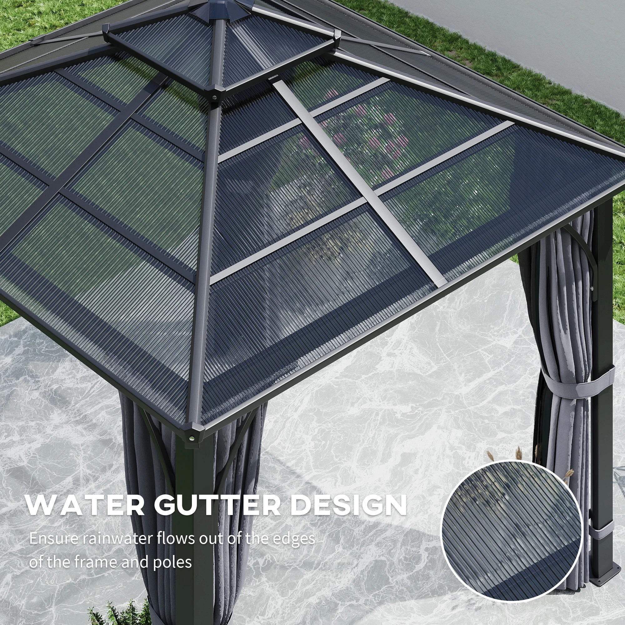 3 x 3m Hardtop Gazebo with Double Polycarbonate Roof, Netting and Curtains, Dark Grey - Image 8