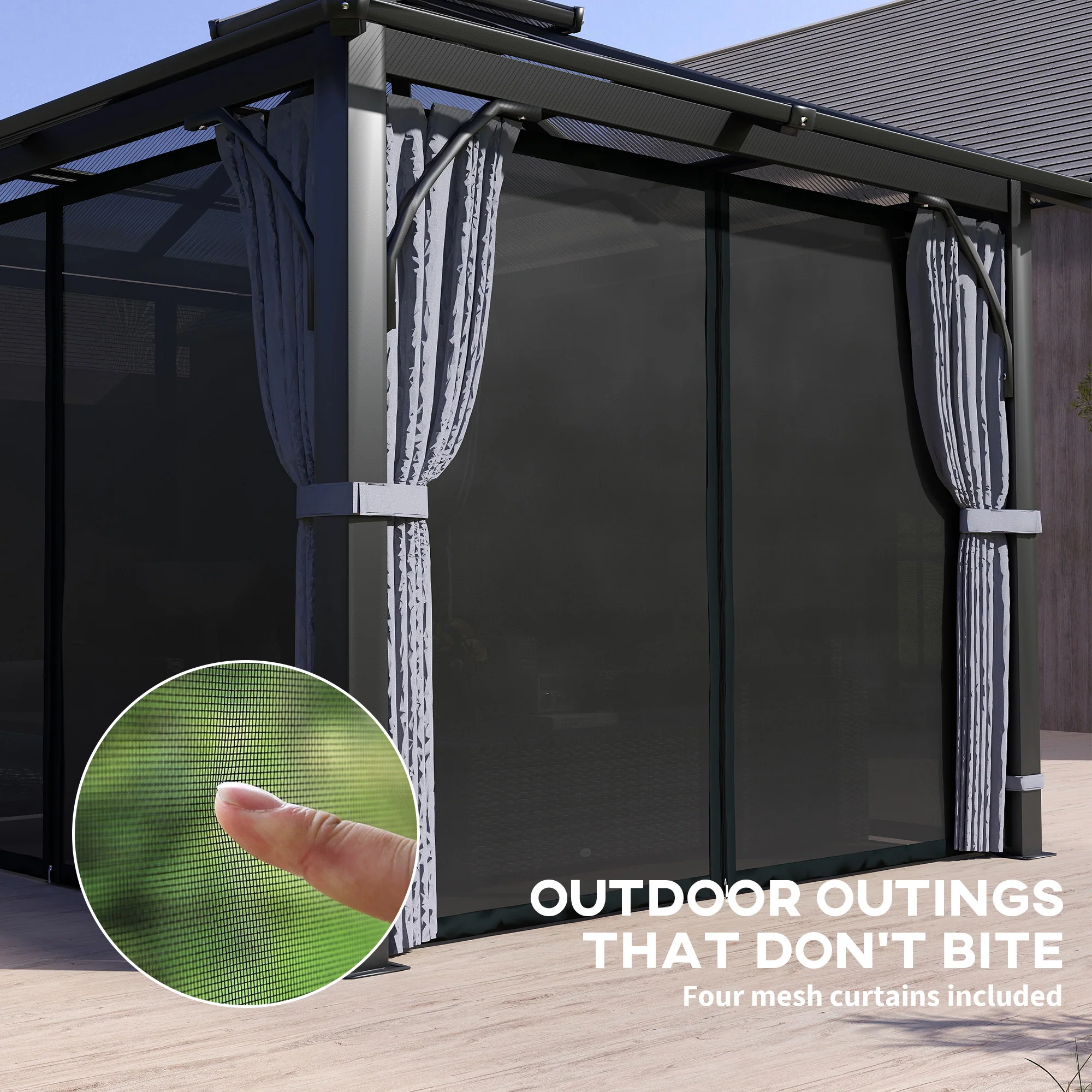 3 x 3m Hardtop Gazebo with Double Polycarbonate Roof, Netting and Curtains, Dark Grey - Image 9