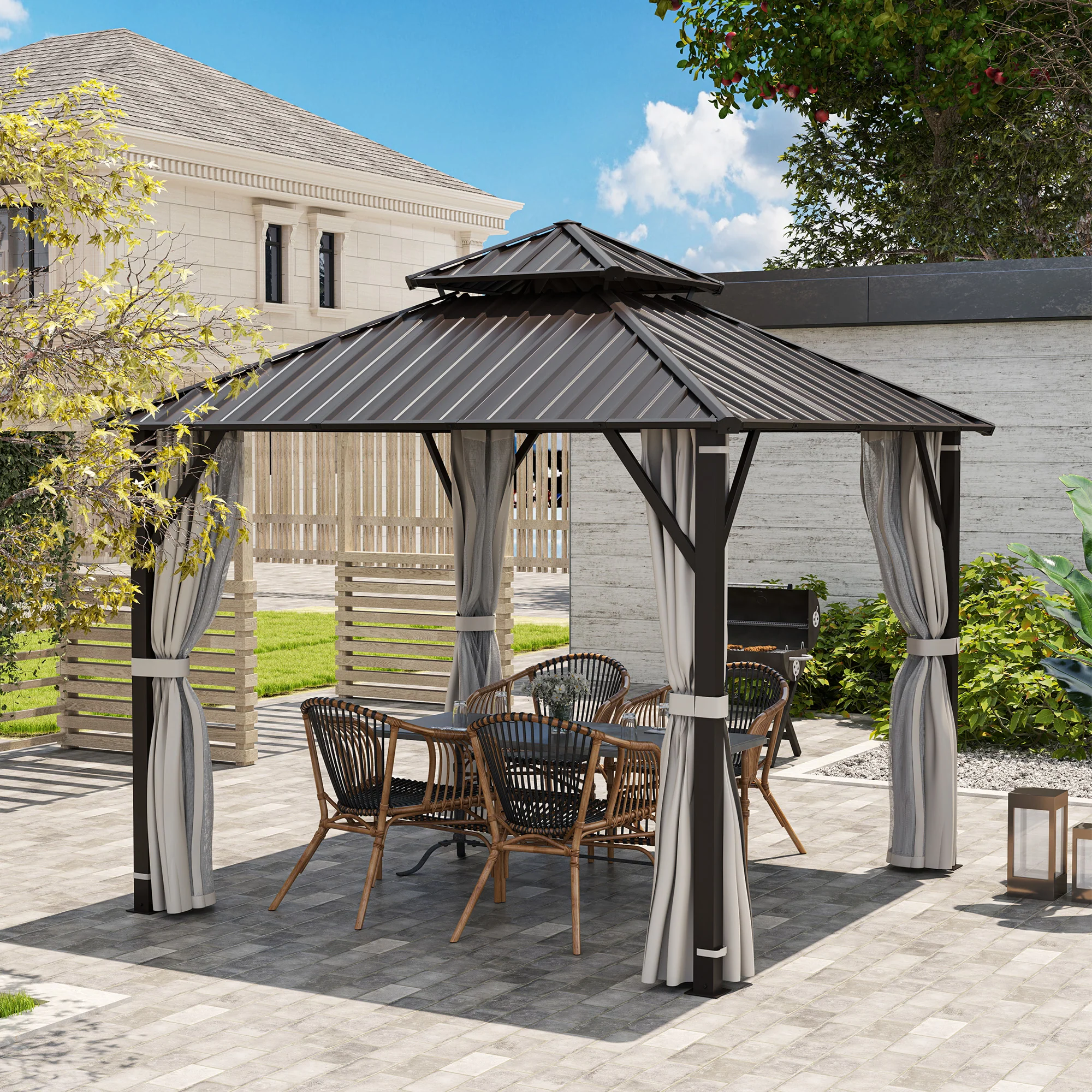 3 x 3m Hardtop Gazebo with Double Metal Roof, Netting & Curtains, Easy to Assemble - Image 11