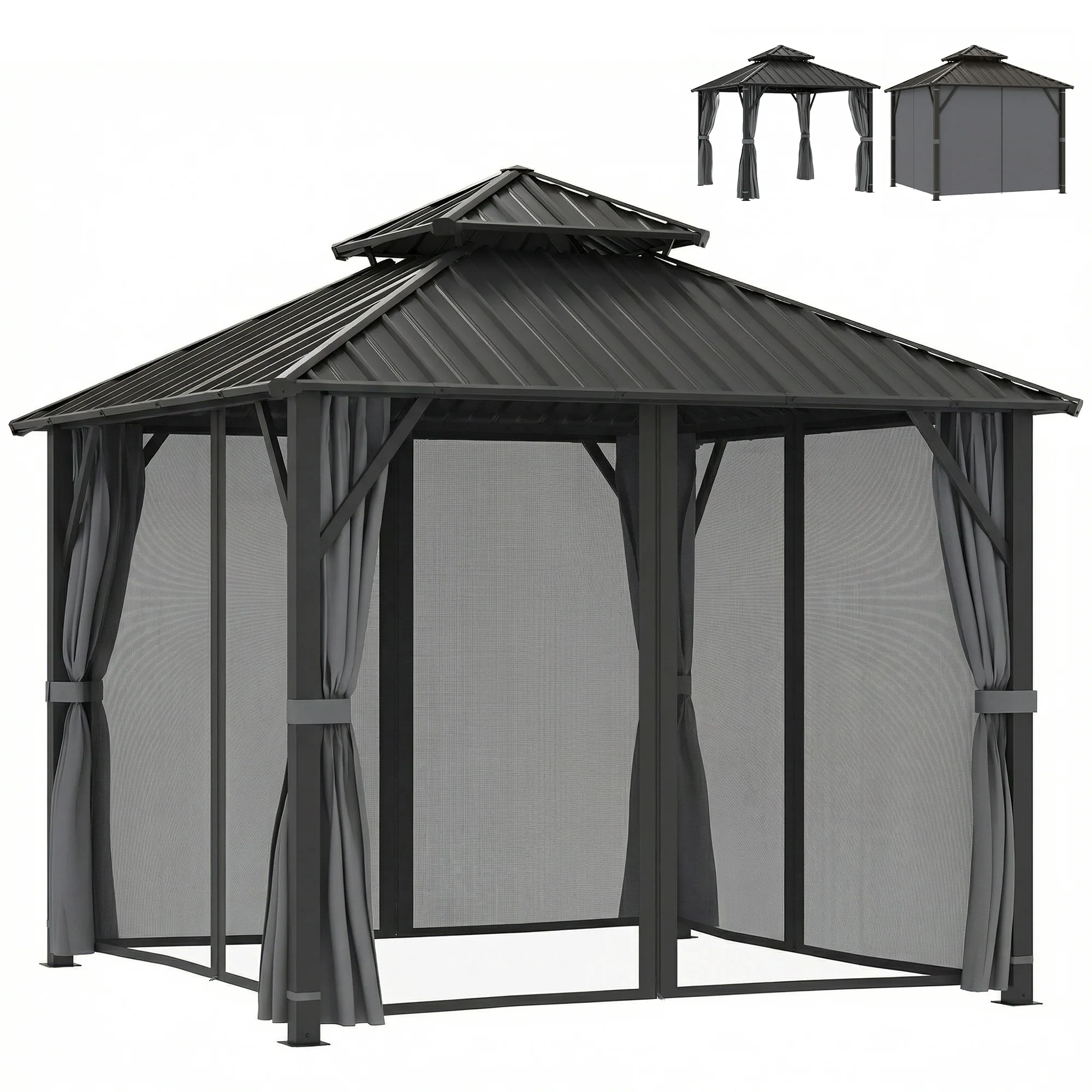 3 x 3 m Hardtop Gazebo with Double Metal Roof, Netting & Curtains, Grey - Image 2