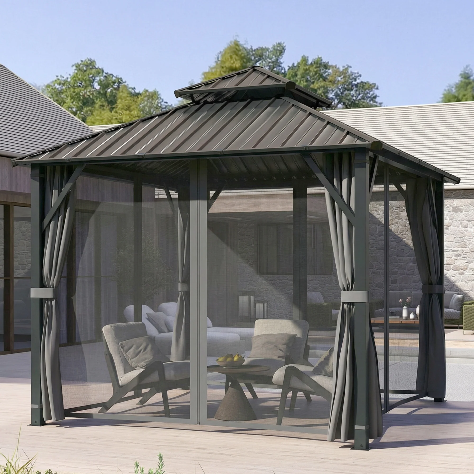 3 x 3 m Hardtop Gazebo with Double Metal Roof, Netting & Curtains, Grey - Image 4