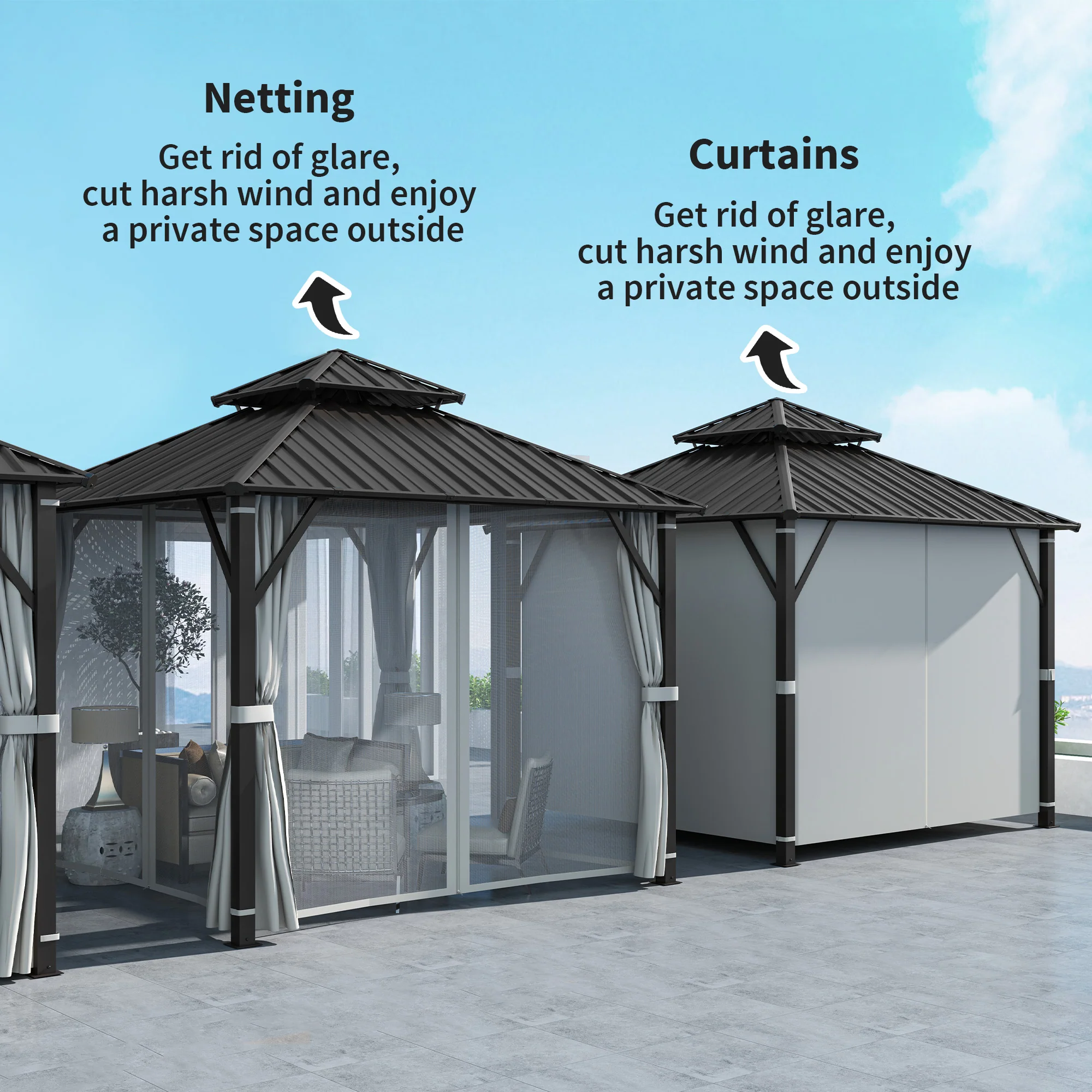 3 x 3m Hardtop Gazebo with Double Metal Roof, Netting & Curtains, Easy to Assemble - Image 9