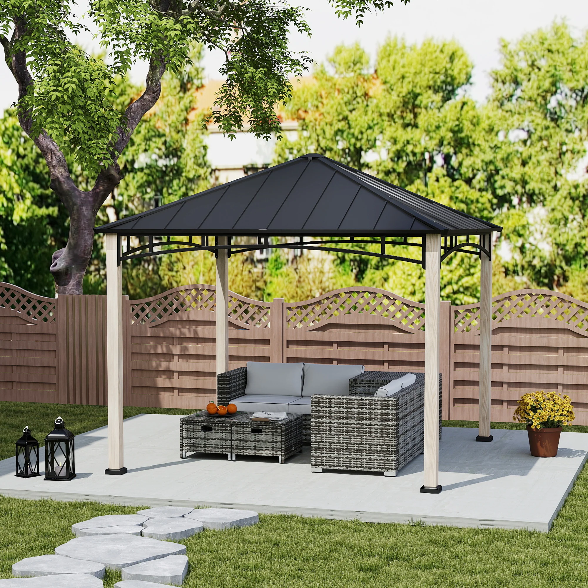 3 x 3m Hardtop Gazebo Canopy with Metal Roof, Wood Grain Strong Columns and Top Hook - Image 10