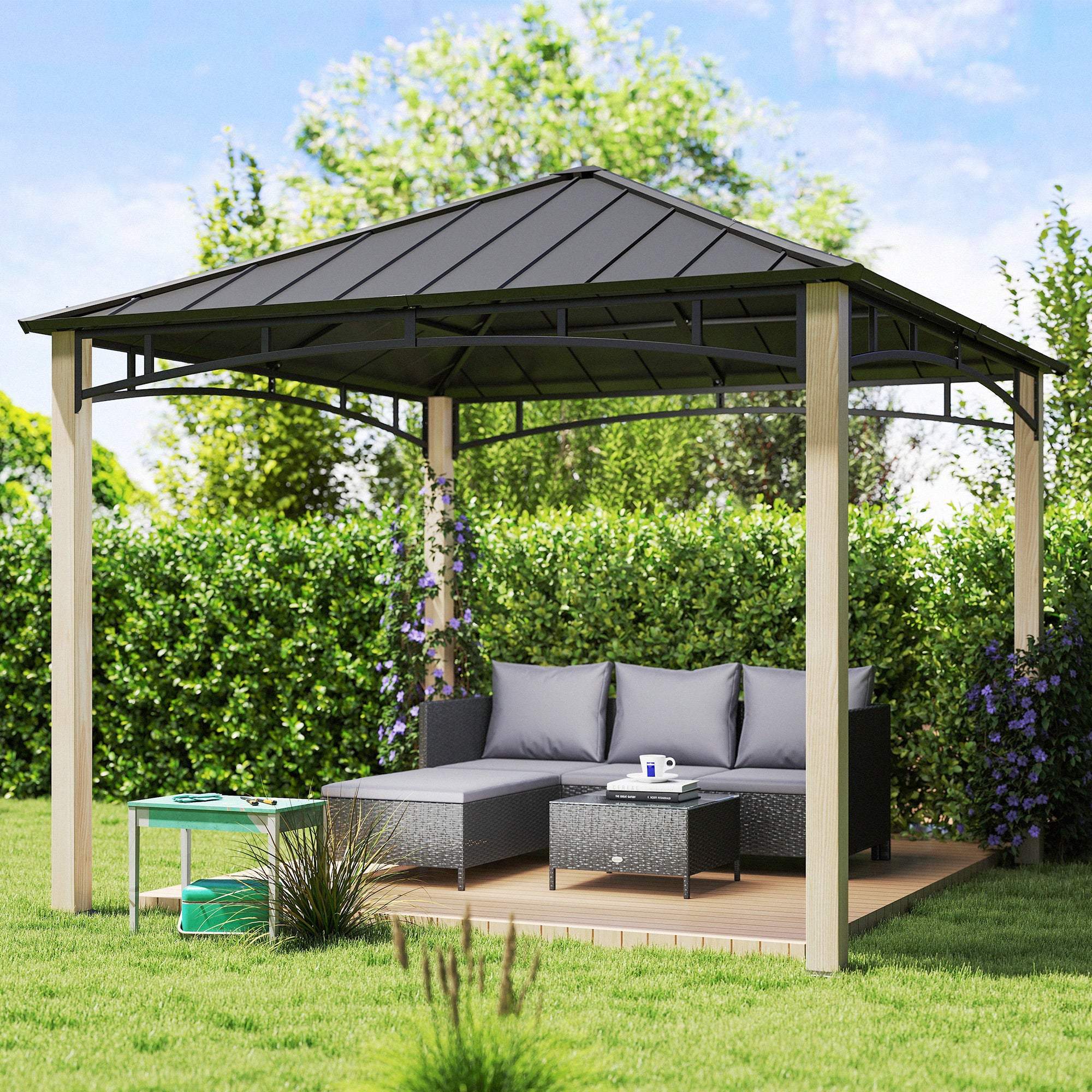 3 x 3m Hardtop Gazebo Canopy with Metal Roof, Wood Grain Strong Columns and Top Hook - Image 3