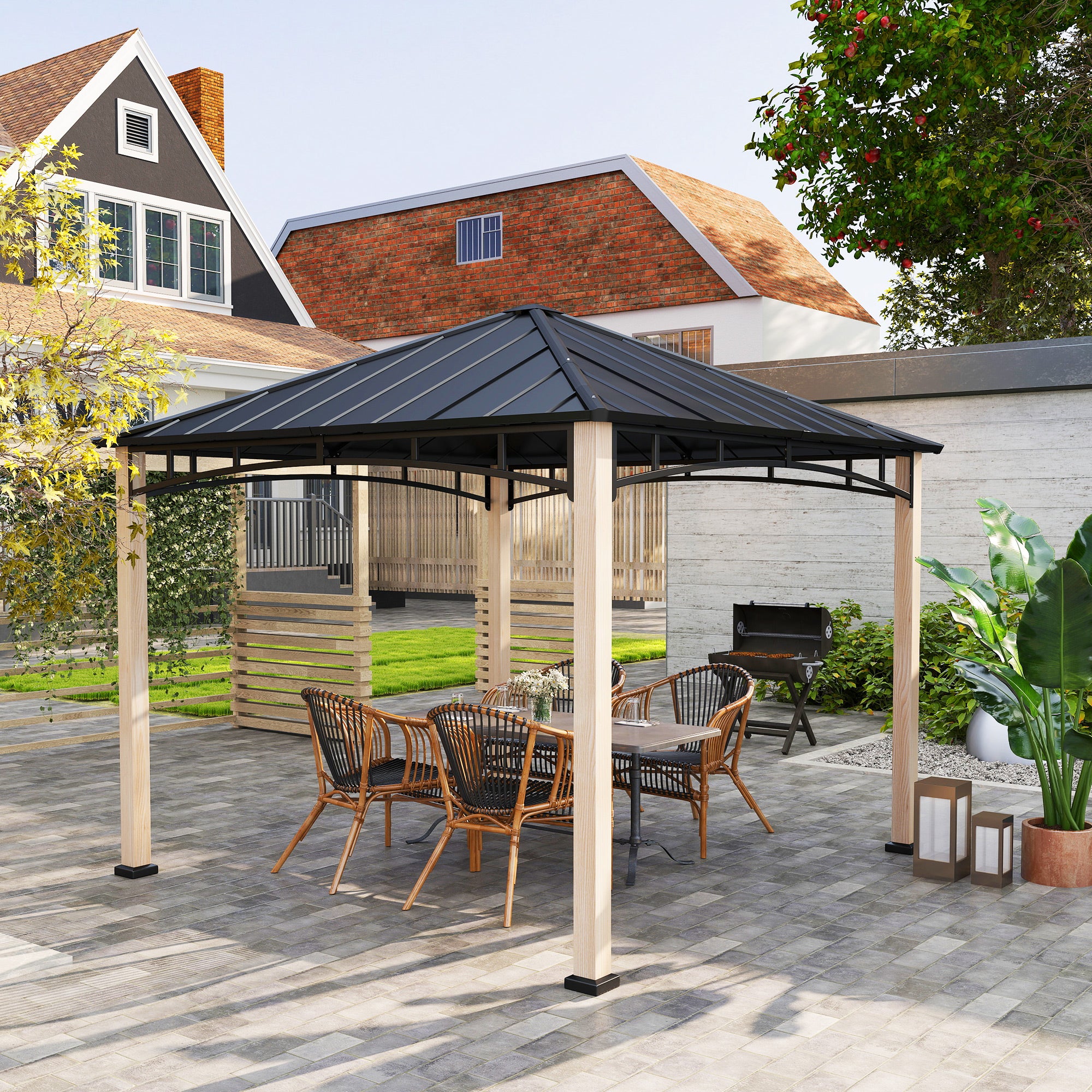 3 x 3m Hardtop Gazebo Canopy with Metal Roof, Wood Grain Strong Columns and Top Hook - Image 4