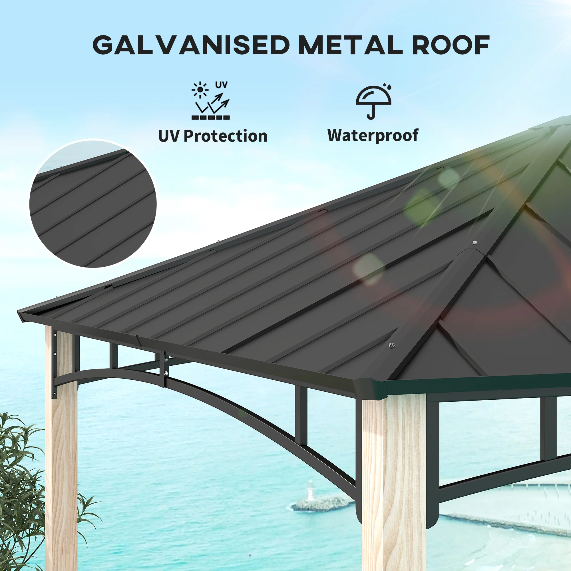 3 x 3m Hardtop Gazebo Canopy with Metal Roof, Wood Grain Strong Columns and Top Hook - Image 6