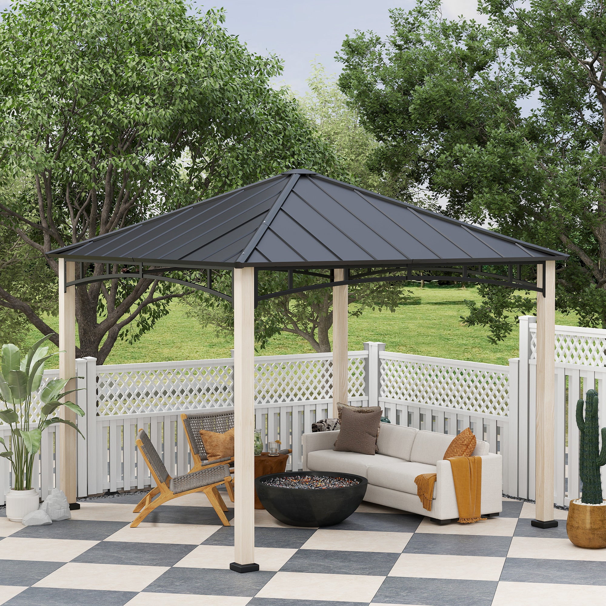 3 x 3m Hardtop Gazebo Canopy with Metal Roof, Wood Grain Strong Columns and Top Hook - Image 9