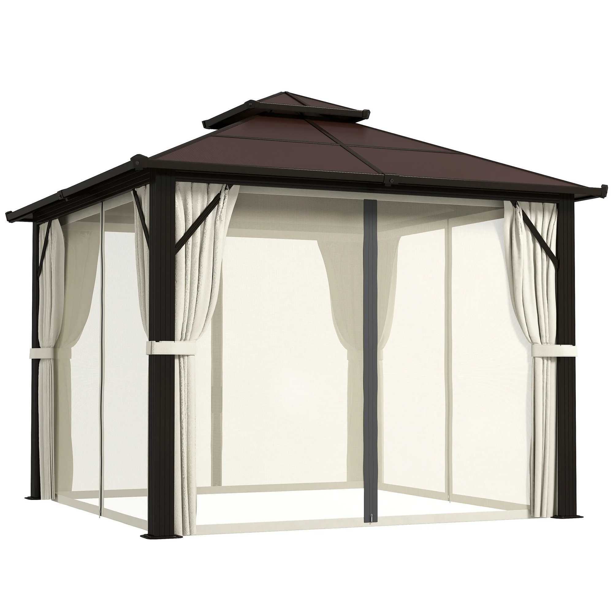 3 x 3m Hardtop Gazebo with Double Polycarbonate Roof, Curtains & Netting, Beige
