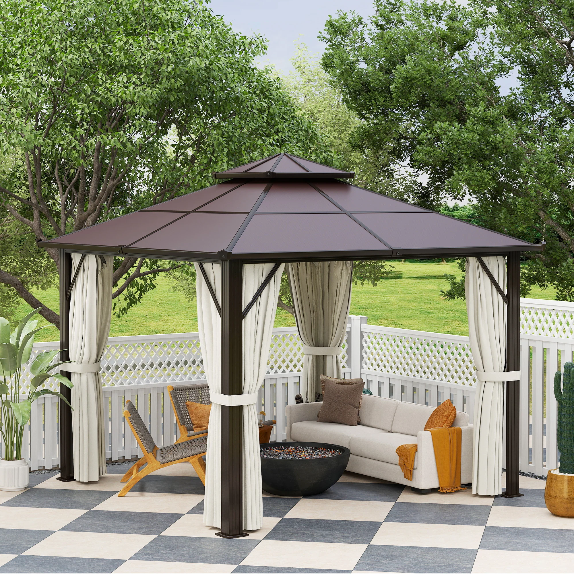 3 x 3m Hardtop Gazebo with Double Polycarbonate Roof, Curtains & Netting, Beige - Image 10