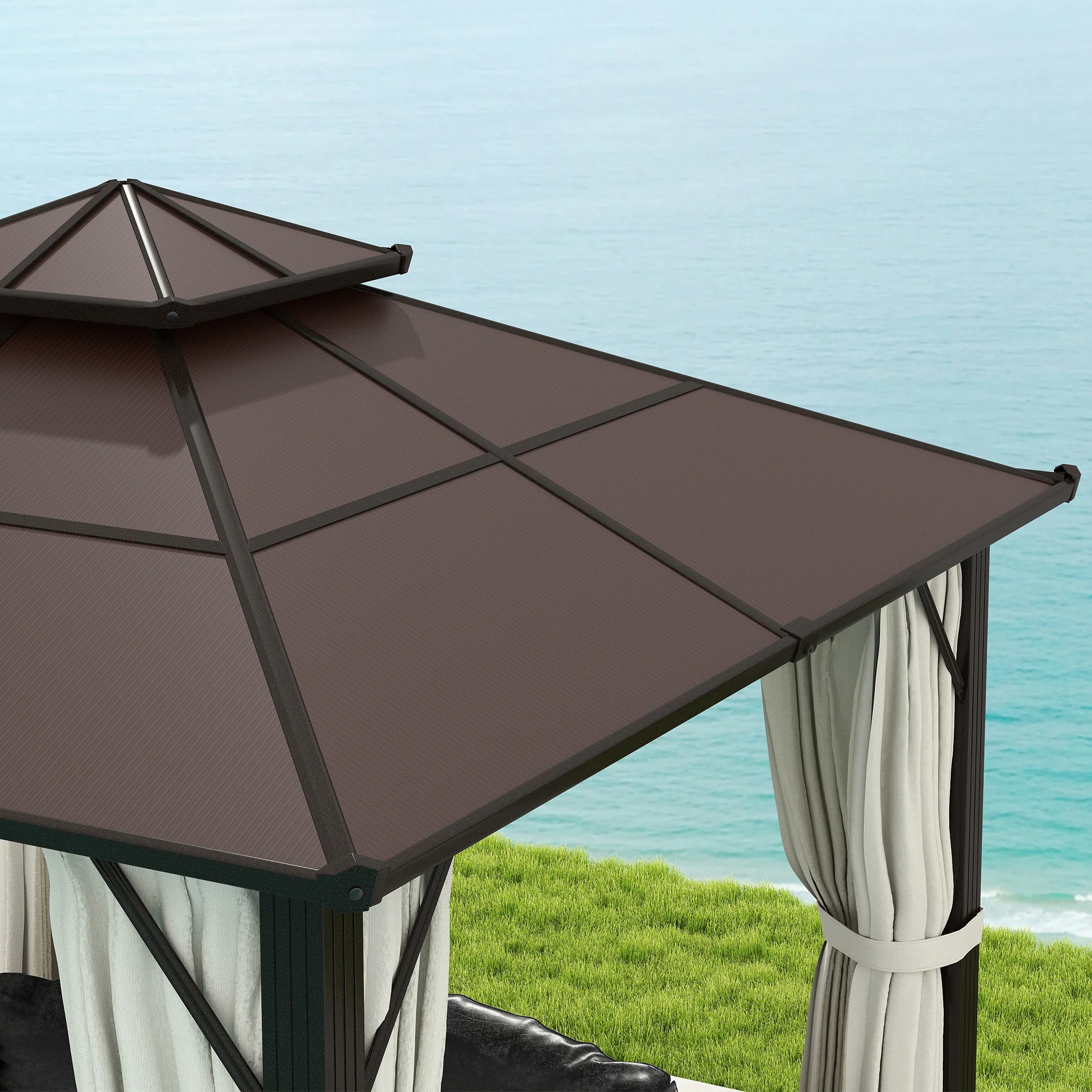 3 x 3m Hardtop Gazebo with Double Polycarbonate Roof, Curtains & Netting, Beige - Image 11