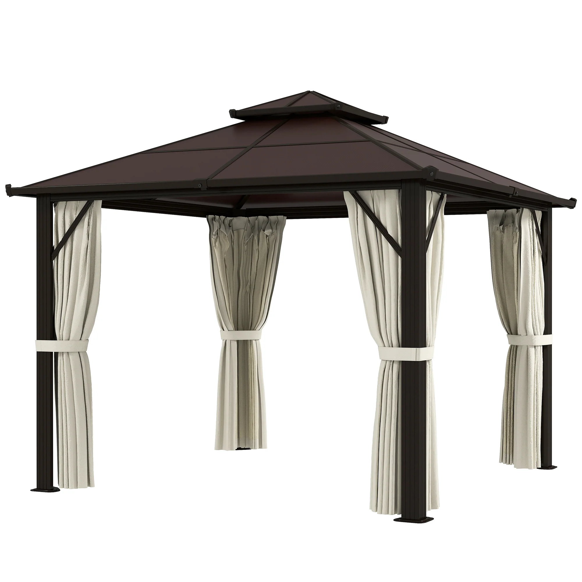 3 x 3m Hardtop Gazebo with Double Polycarbonate Roof, Curtains & Netting, Beige - Image 2