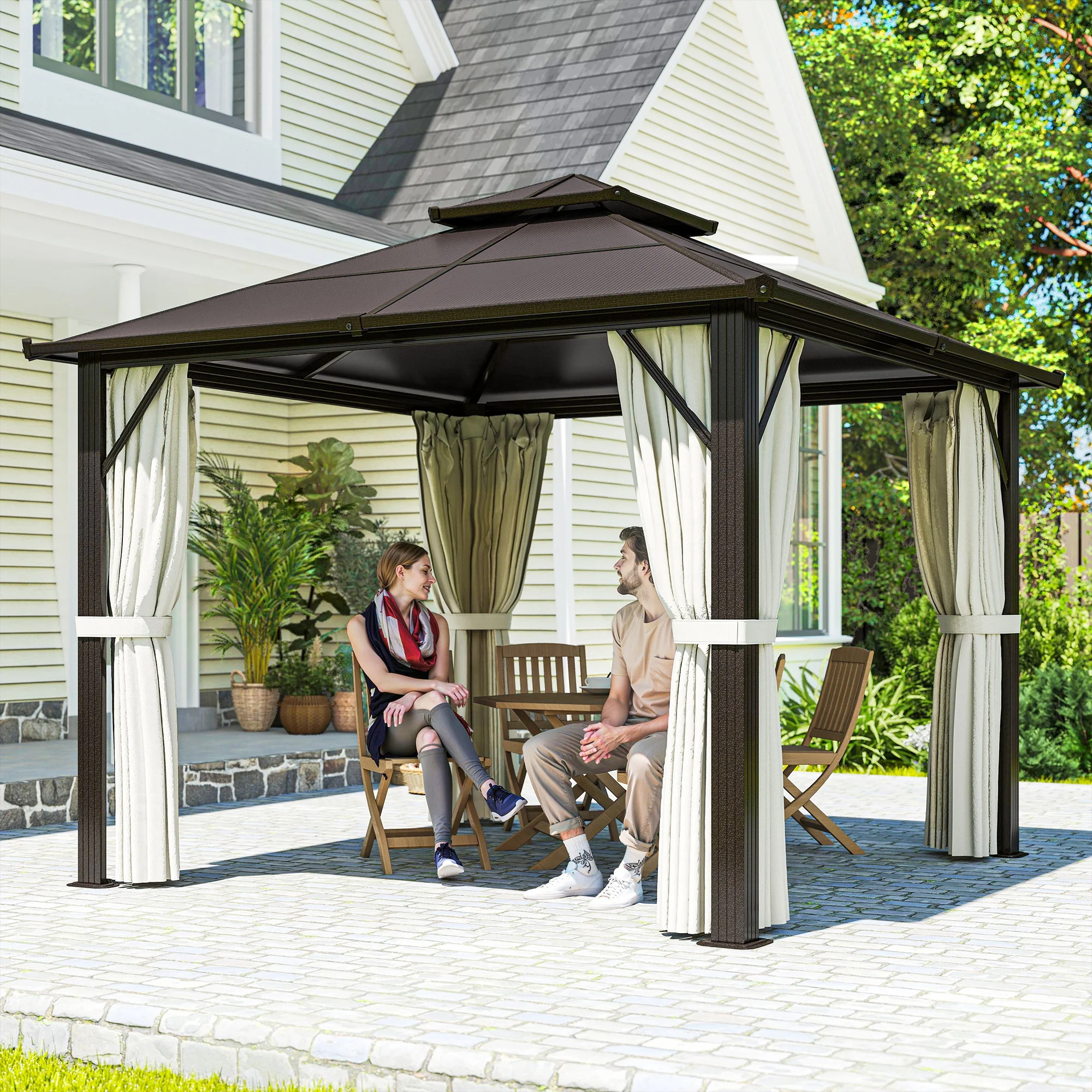 3 x 3m Hardtop Gazebo with Double Polycarbonate Roof, Curtains & Netting, Beige - Image 3