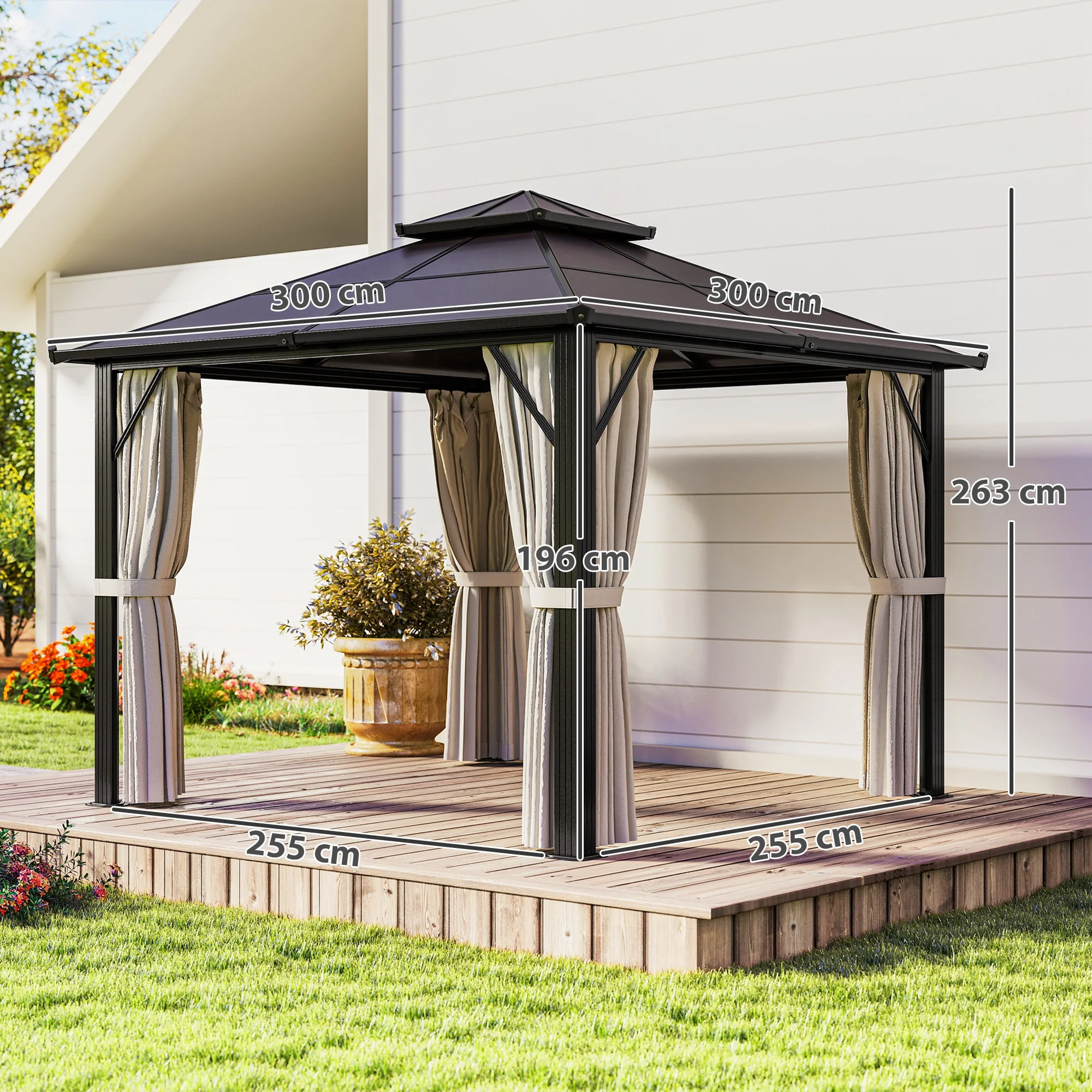 3 x 3m Hardtop Gazebo with Double Polycarbonate Roof, Curtains & Netting, Beige - Image 5
