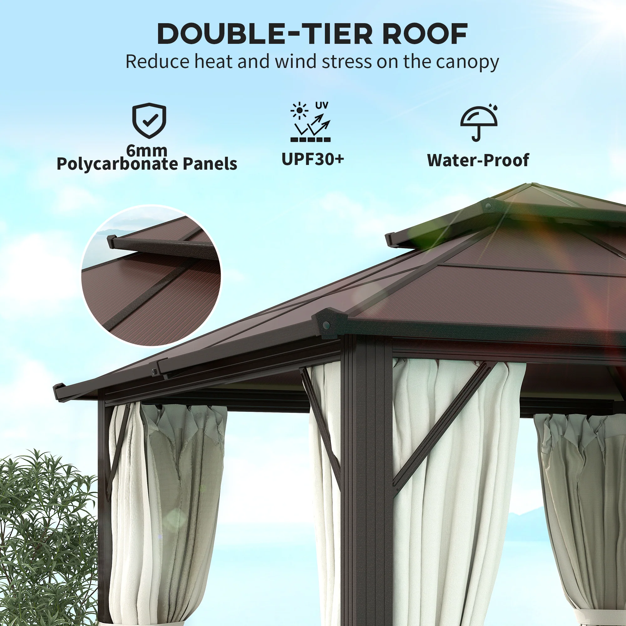 3 x 3m Hardtop Gazebo with Double Polycarbonate Roof, Curtains & Netting, Beige - Image 6