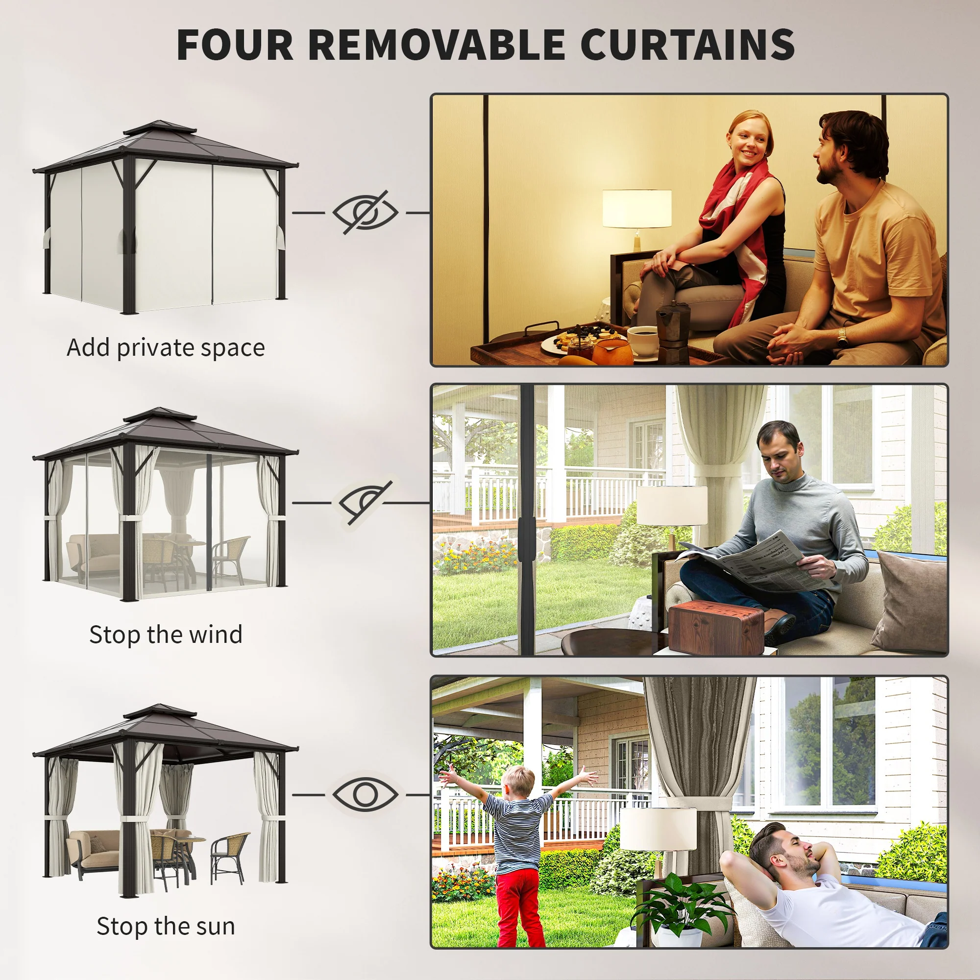 3 x 3m Hardtop Gazebo with Double Polycarbonate Roof, Curtains & Netting, Beige - Image 8