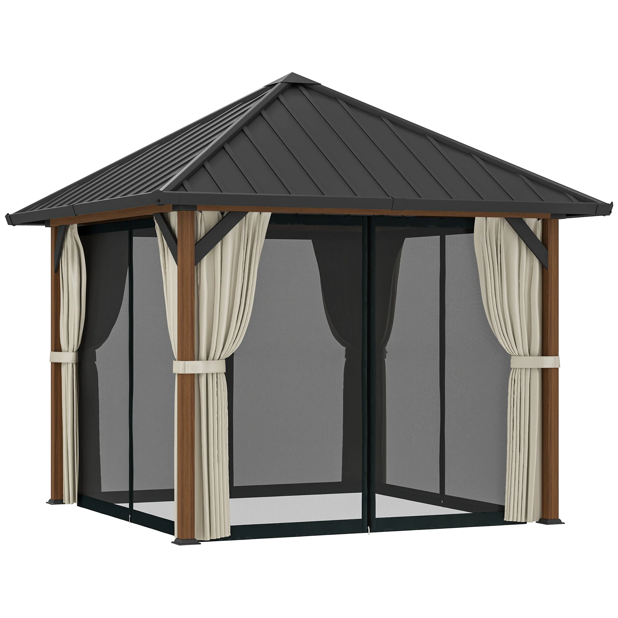 3 x 3m Hardtop Gazebo with Galvanised Steel Roof and Water Gutter, Walnut Wood Finish