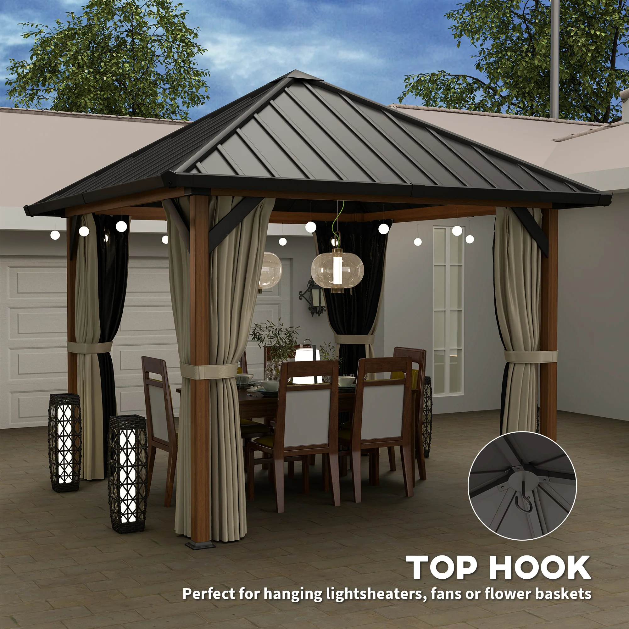 3 x 3m Hardtop Gazebo with Galvanised Steel Roof and Water Gutter, Walnut Wood Finish - Image 10