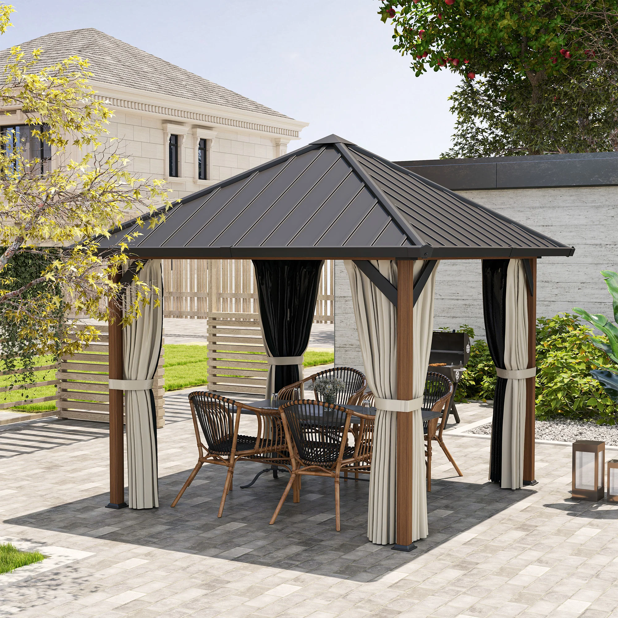 3 x 3m Hardtop Gazebo with Galvanised Steel Roof and Water Gutter, Walnut Wood Finish - Image 11