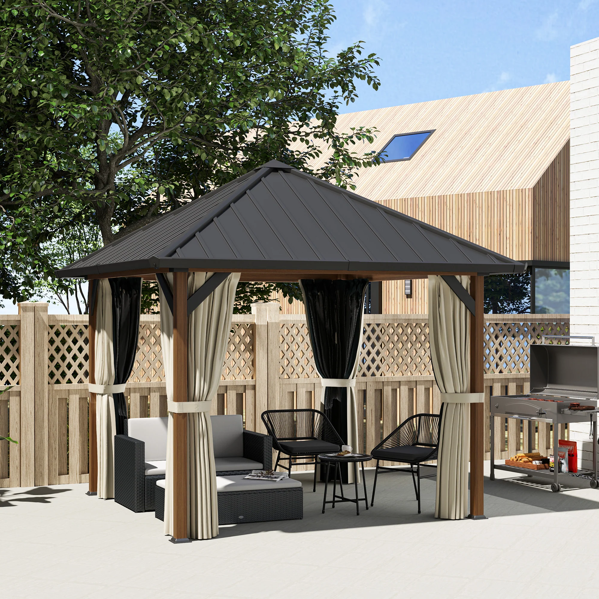 3 x 3m Hardtop Gazebo with Galvanised Steel Roof and Water Gutter, Walnut Wood Finish - Image 3