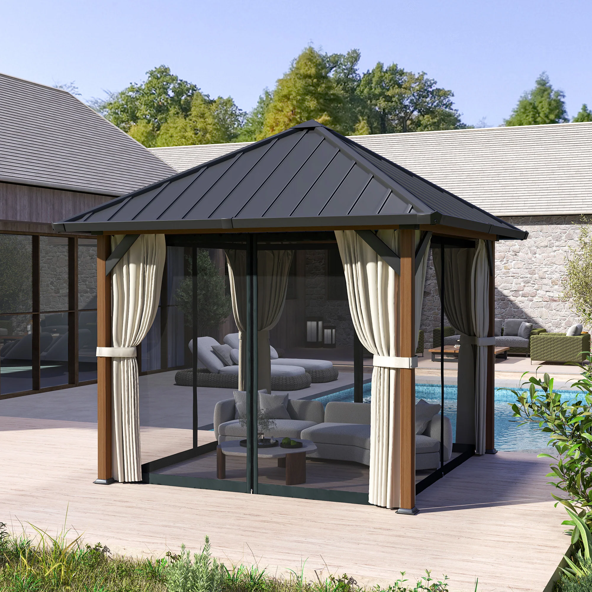 3 x 3m Hardtop Gazebo with Galvanised Steel Roof and Water Gutter, Walnut Wood Finish - Image 4