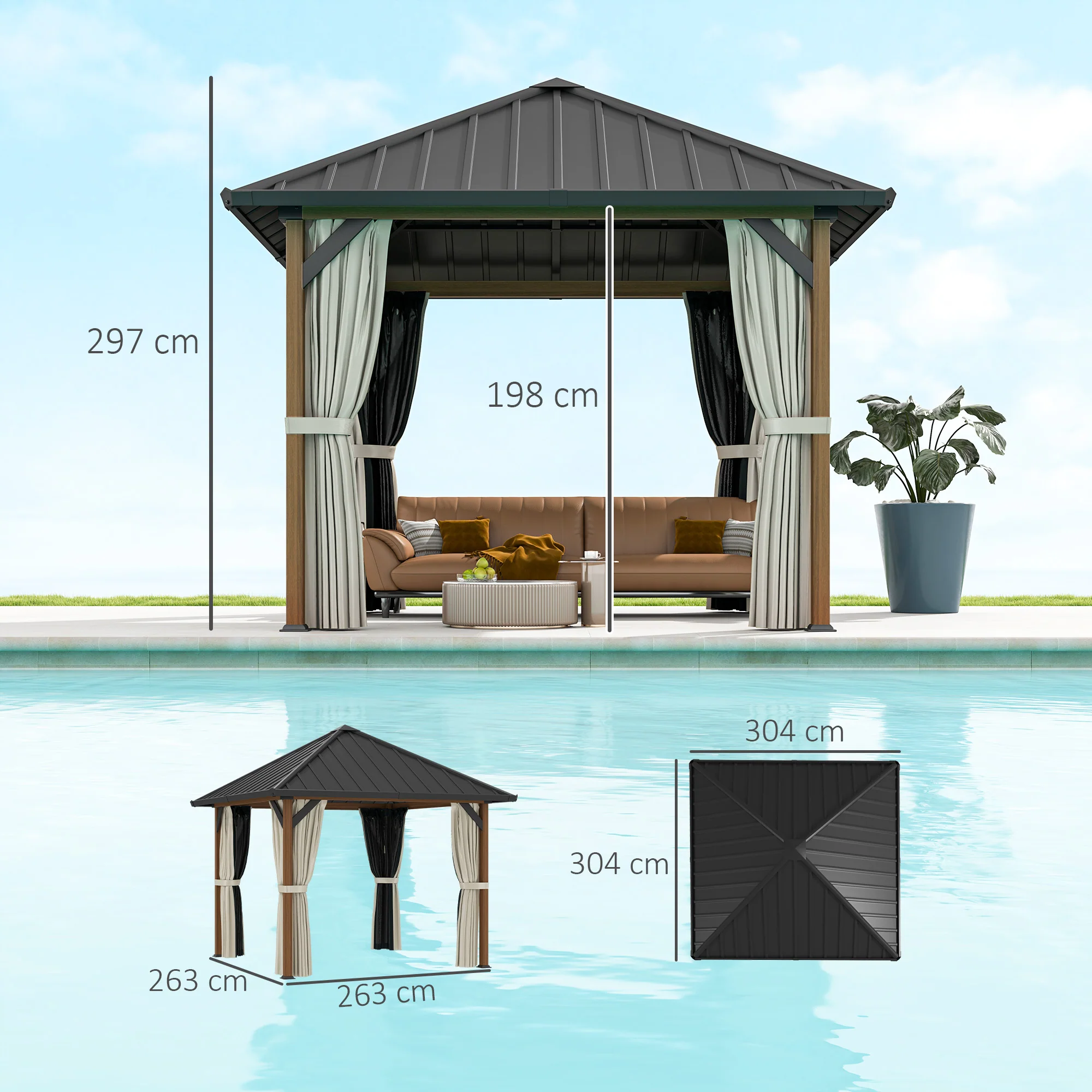 3 x 3m Hardtop Gazebo with Galvanised Steel Roof and Water Gutter, Walnut Wood Finish - Image 5