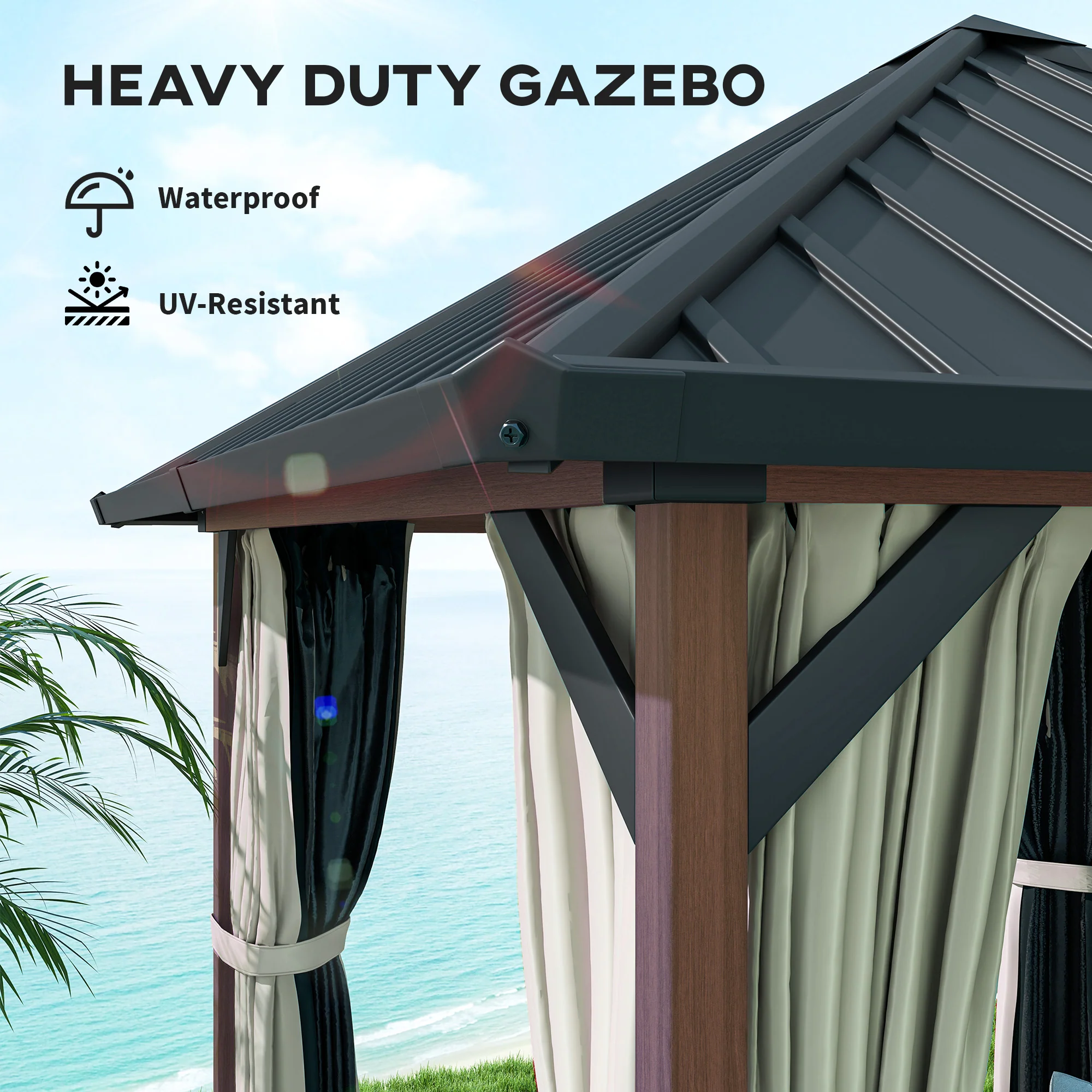 3 x 3m Hardtop Gazebo with Galvanised Steel Roof and Water Gutter, Walnut Wood Finish - Image 6