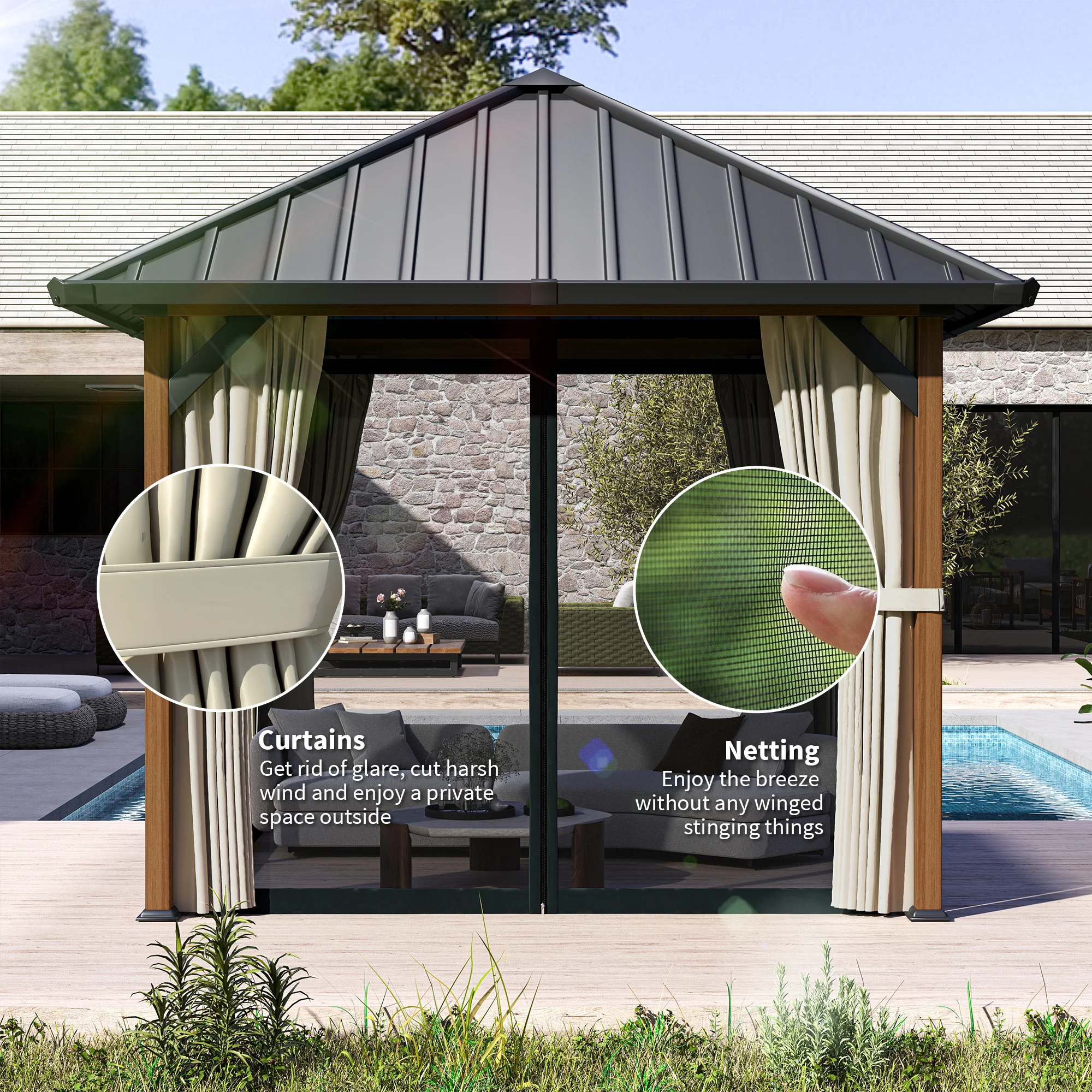 3 x 3m Hardtop Gazebo with Galvanised Steel Roof and Water Gutter, Walnut Wood Finish - Image 9