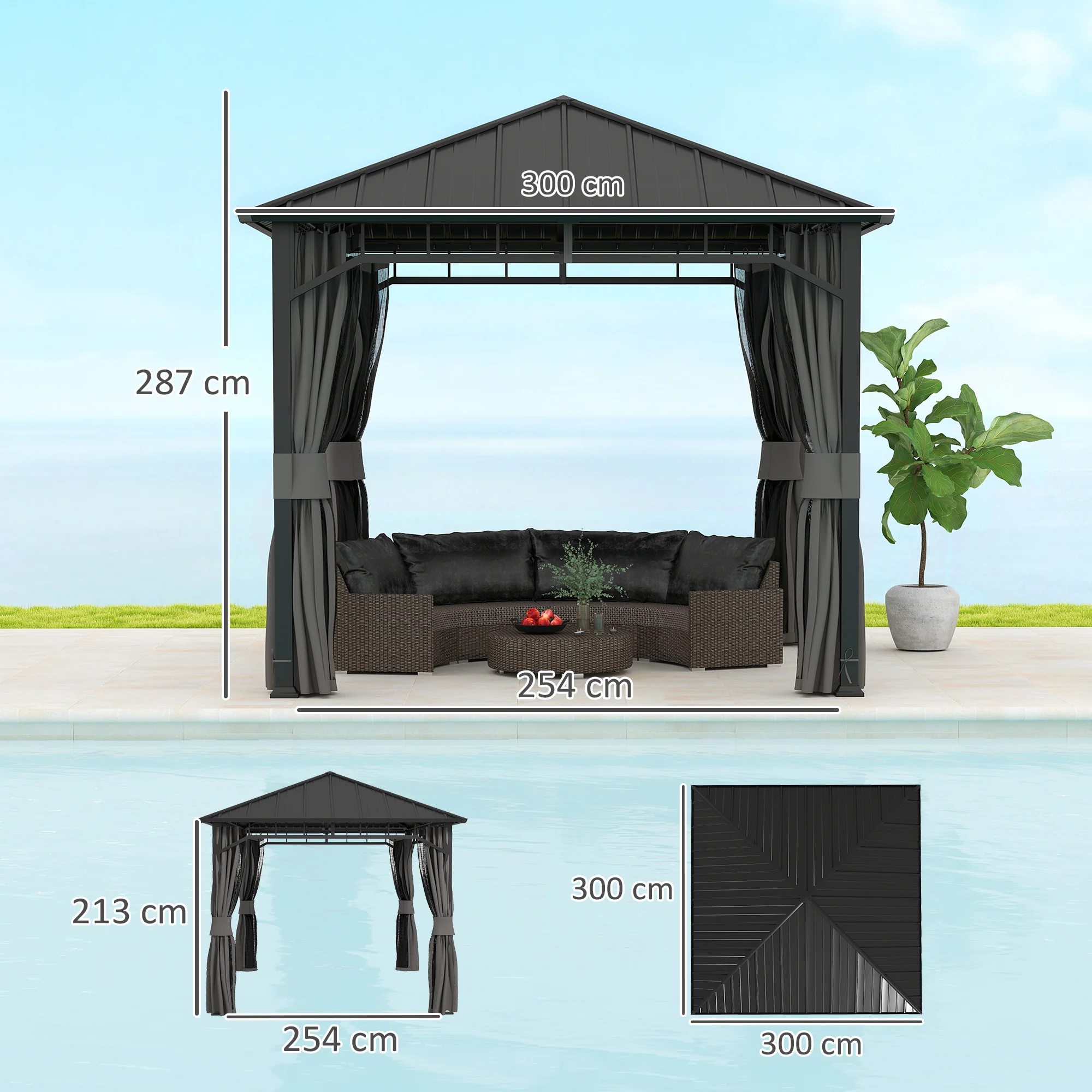 3 x 3m Hardtop Gazebo with Galvanised Steel Roof, Water Gutter, Netting and Curtains - Image 5