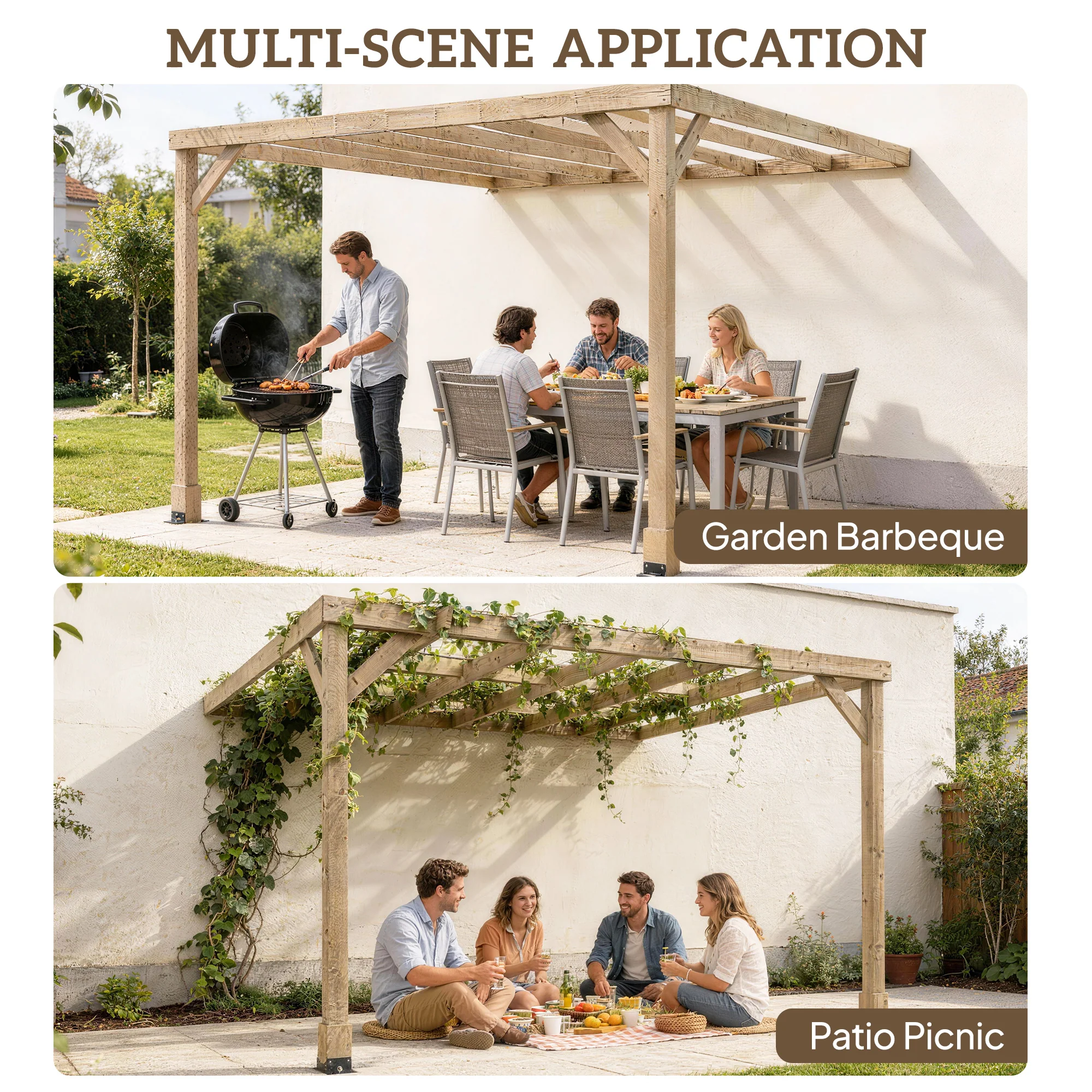 3 x 3 m Lean-To Wooden Pergola Kit, Decorative Garden Gazebo with Stable Structure and Concrete Anchors, Grape Trellis for Climbing Vines, Flowers, Garden Patio, Light Brown - Image 10