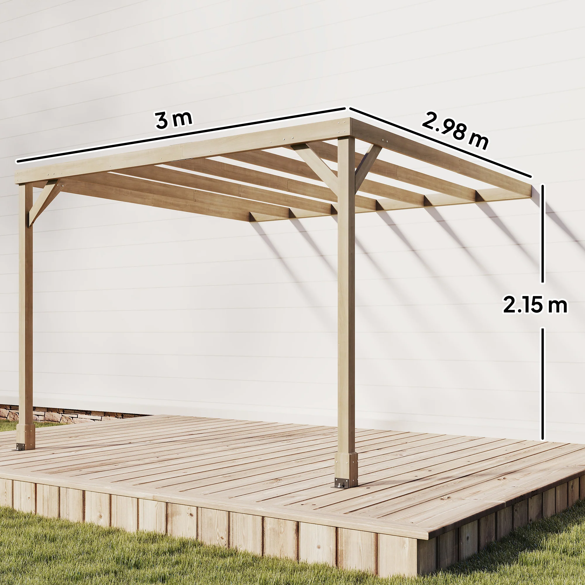 3 x 3 m Lean-To Wooden Pergola Kit, Decorative Garden Gazebo with Stable Structure and Concrete Anchors, Grape Trellis for Climbing Vines, Flowers, Garden Patio, Light Brown - Image 5