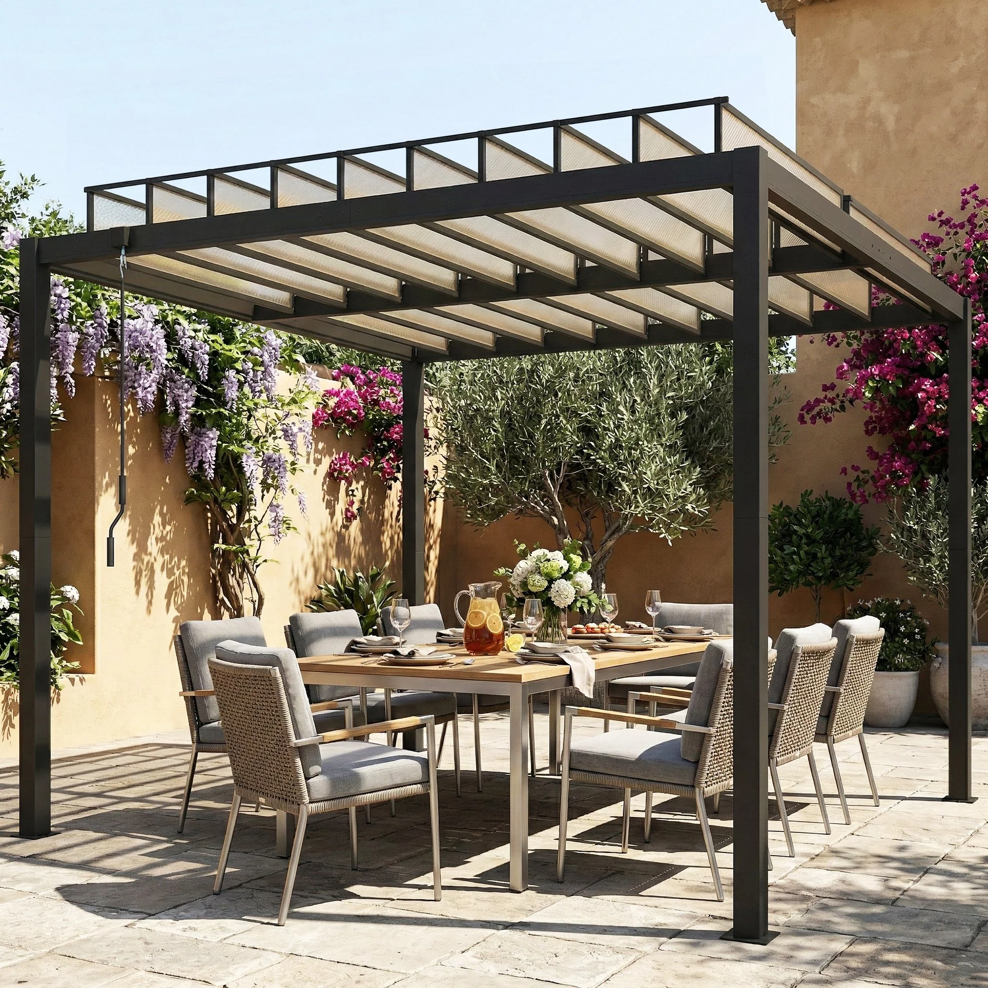 3 x 3 m Louvered Pergola with Adjustable Roof and Gutters, Coffee - Image 11