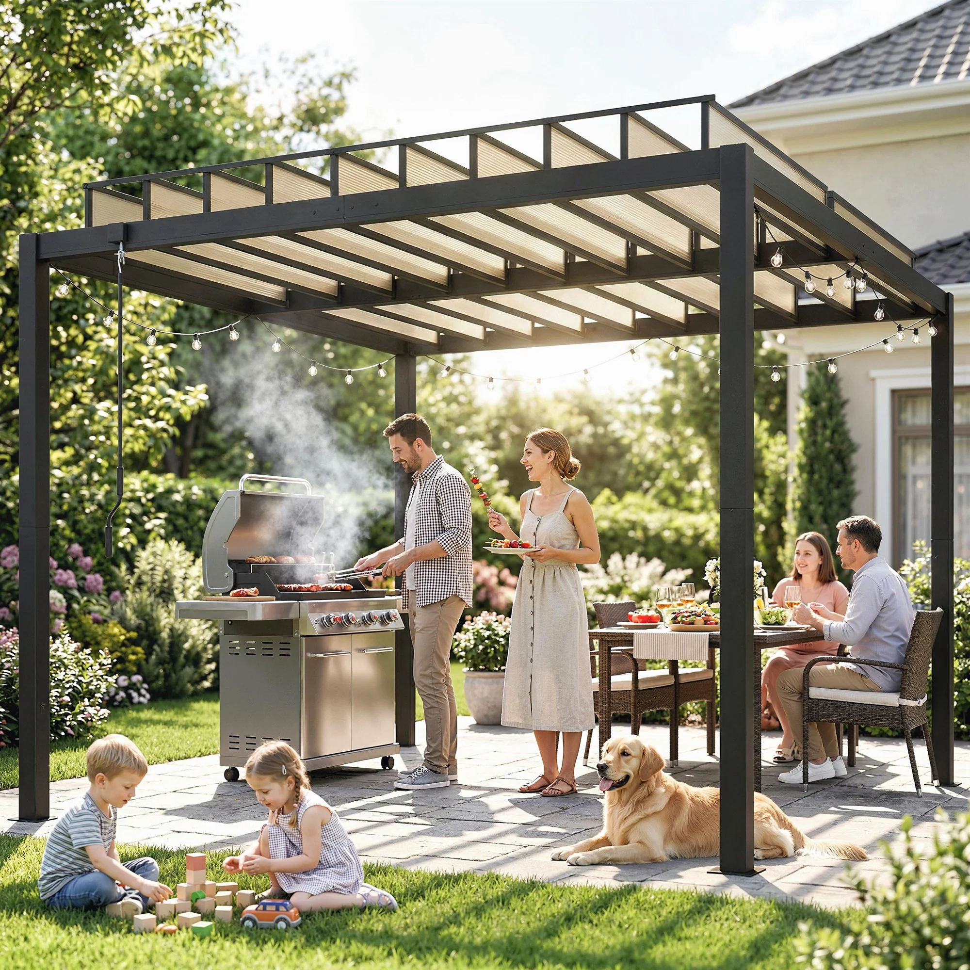 3 x 3 m Louvered Pergola with Adjustable Roof and Gutters, Coffee - Image 4