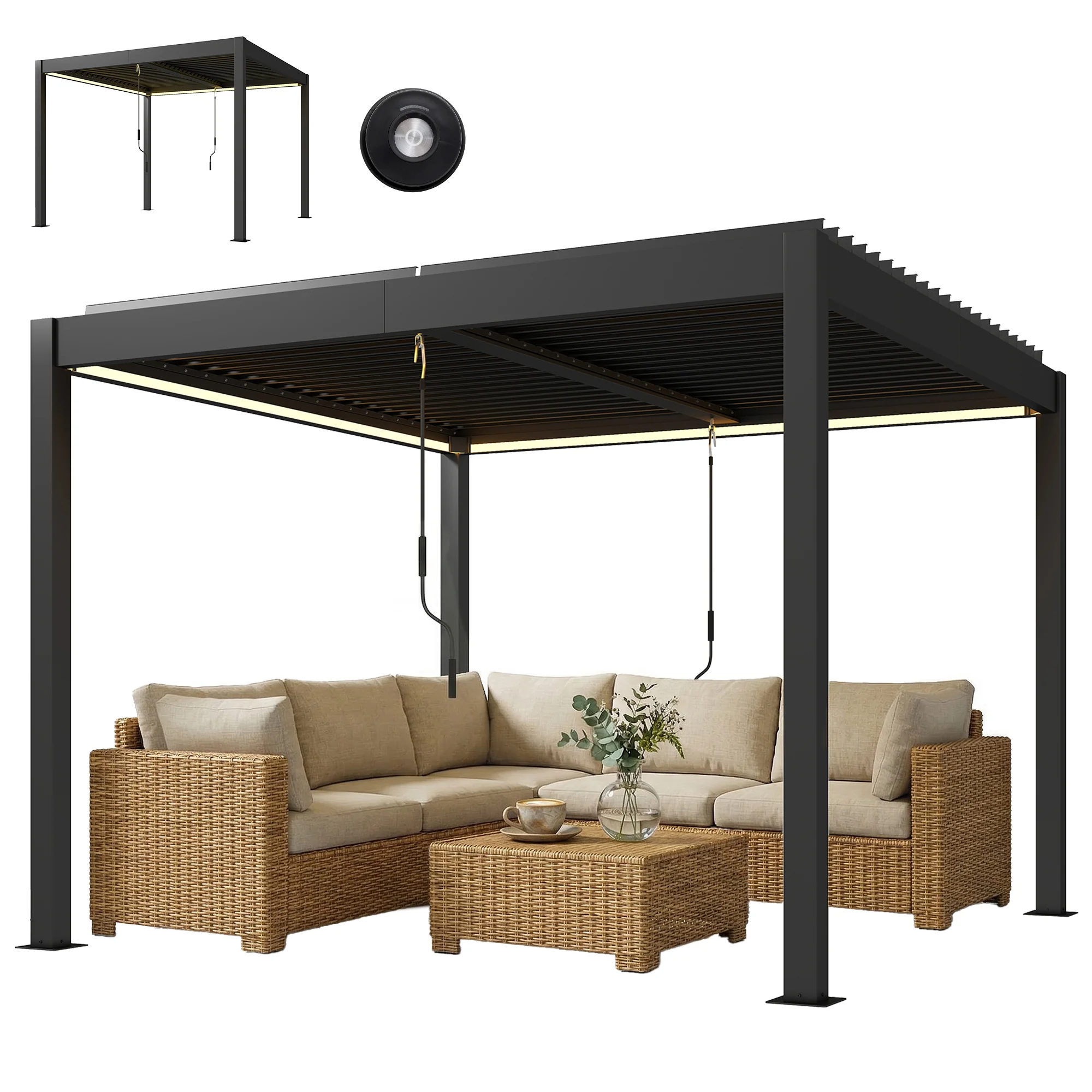 Louvered Pergola 3 x 3 m Dark Grey with Adjustable Roof, LED Lights & Remote - Image 2
