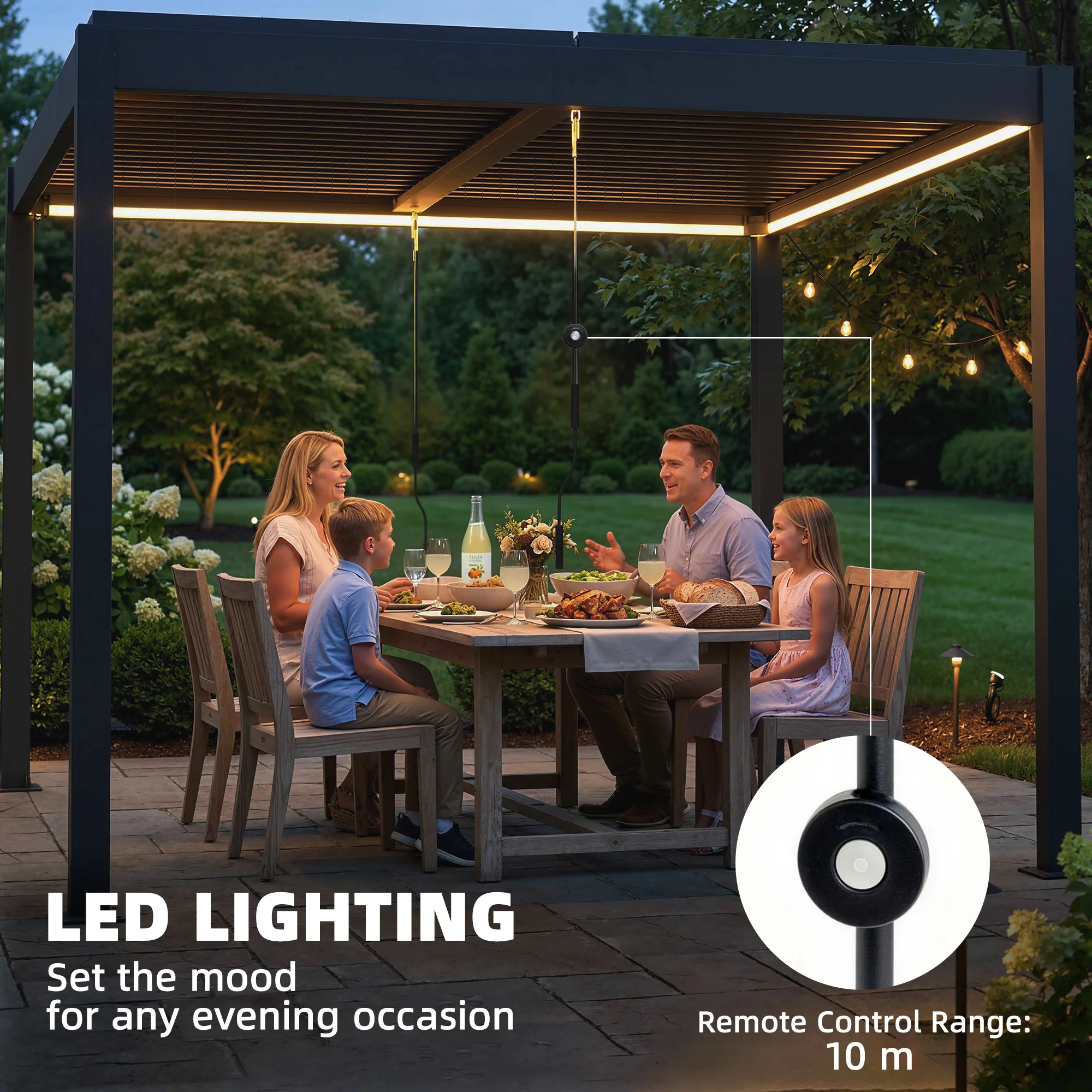 Louvered Pergola 3 x 3 m Dark Grey with Adjustable Roof, LED Lights & Remote - Image 5